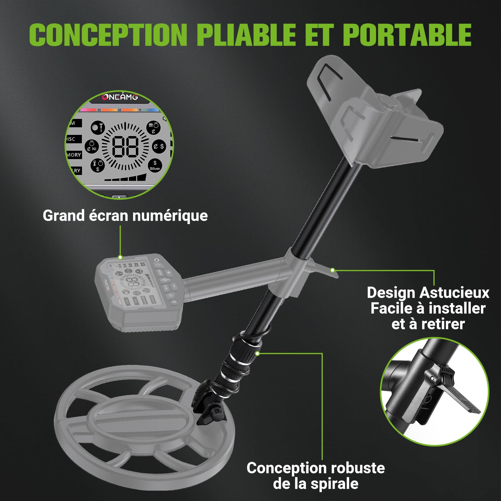 Détecteur de Métaux Professionnel Tout Terrain pour Adultes et Enfants, 5 Modes, Bobine étanche, Hauteur Réglable