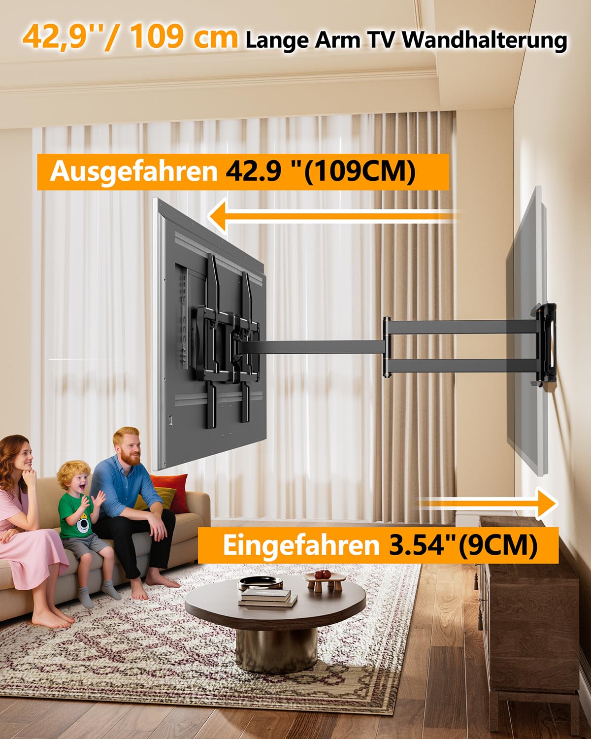 TV Wandhalterung mit 1090mm Langem Arm für 42-110 Zoll Fernseher bis 80kg WHYFONE Heavy Duty XXL Fernsehhalterung Wand Schwenkbar 180° Drehbare Ausfahren Wandhalterung Fernseher Max. VESA 900x600mm
