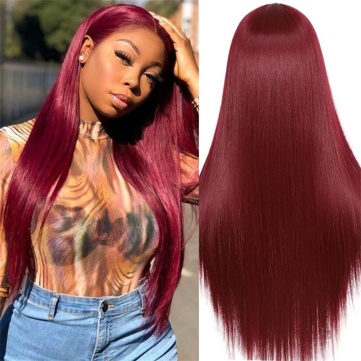 INPETS Synthetische Perücken Mit Spitze Vorne,Burgunderrote Synthetische Spitzeperücke Für Frauen Lange Gerade Faser Tägliche Hochzeit Make Up Schicht Tiefe Mittlere T Teil Hitzeperücke,26 inch