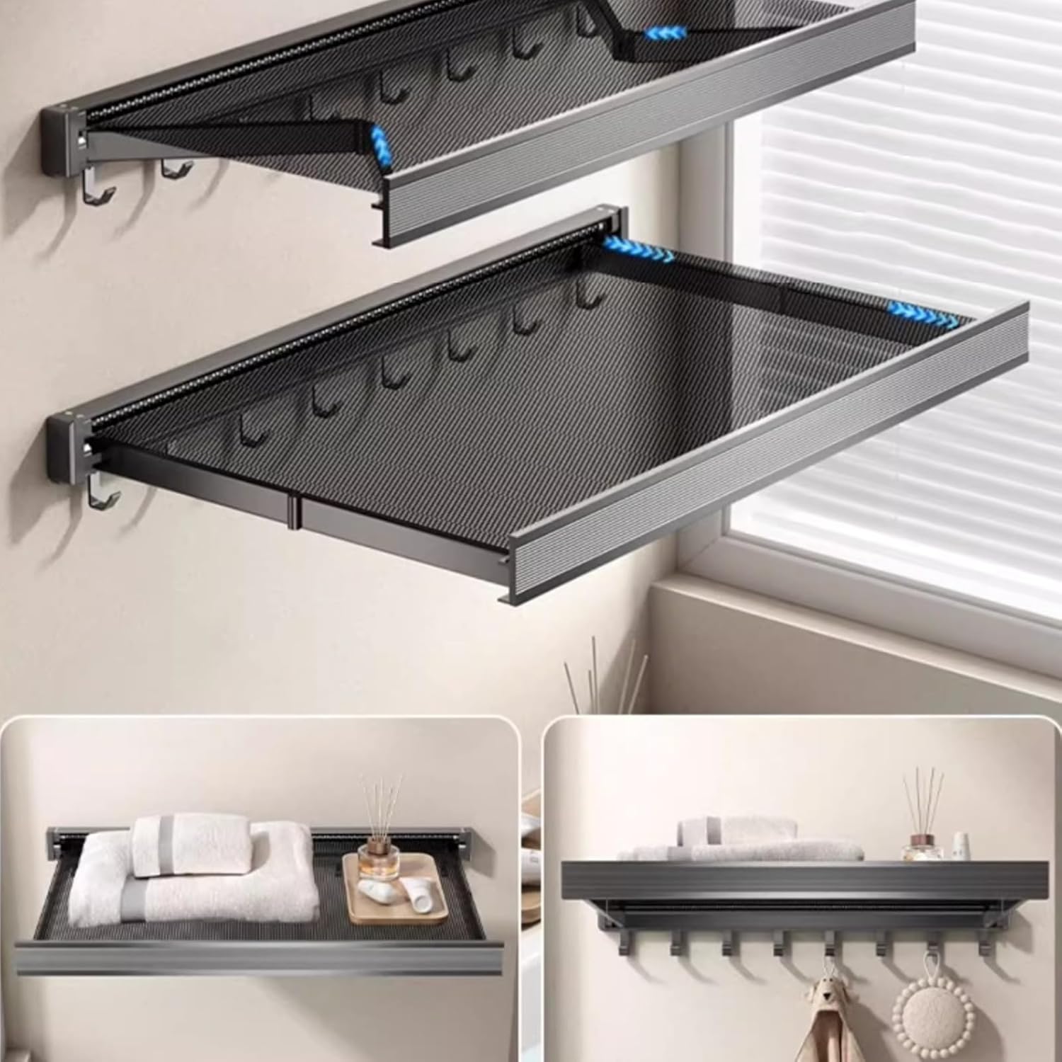Easy Installation Hat and Clothes Rack Rustproof Aluminum Alloy Wall Mounted Laundry Organizers for Small Bathrooms Pliable Shower Shelf Collapsing Clothes Hanger
