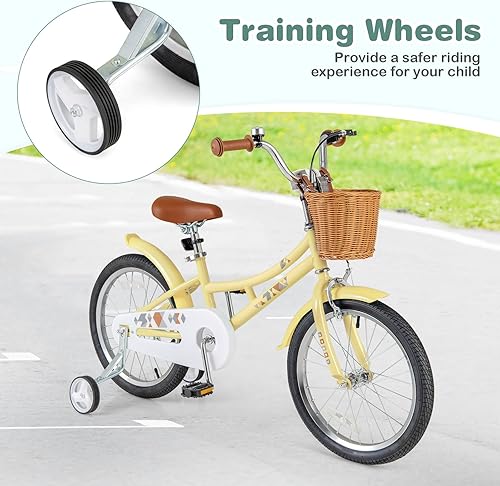 Miniatura 7 de BABY JOY Bicicleta retro para niños, 12, 14, 16, 18 pulgadas, para niños de 3 a 8 años, con cesta de ratán, altura ajustable, ruedas de