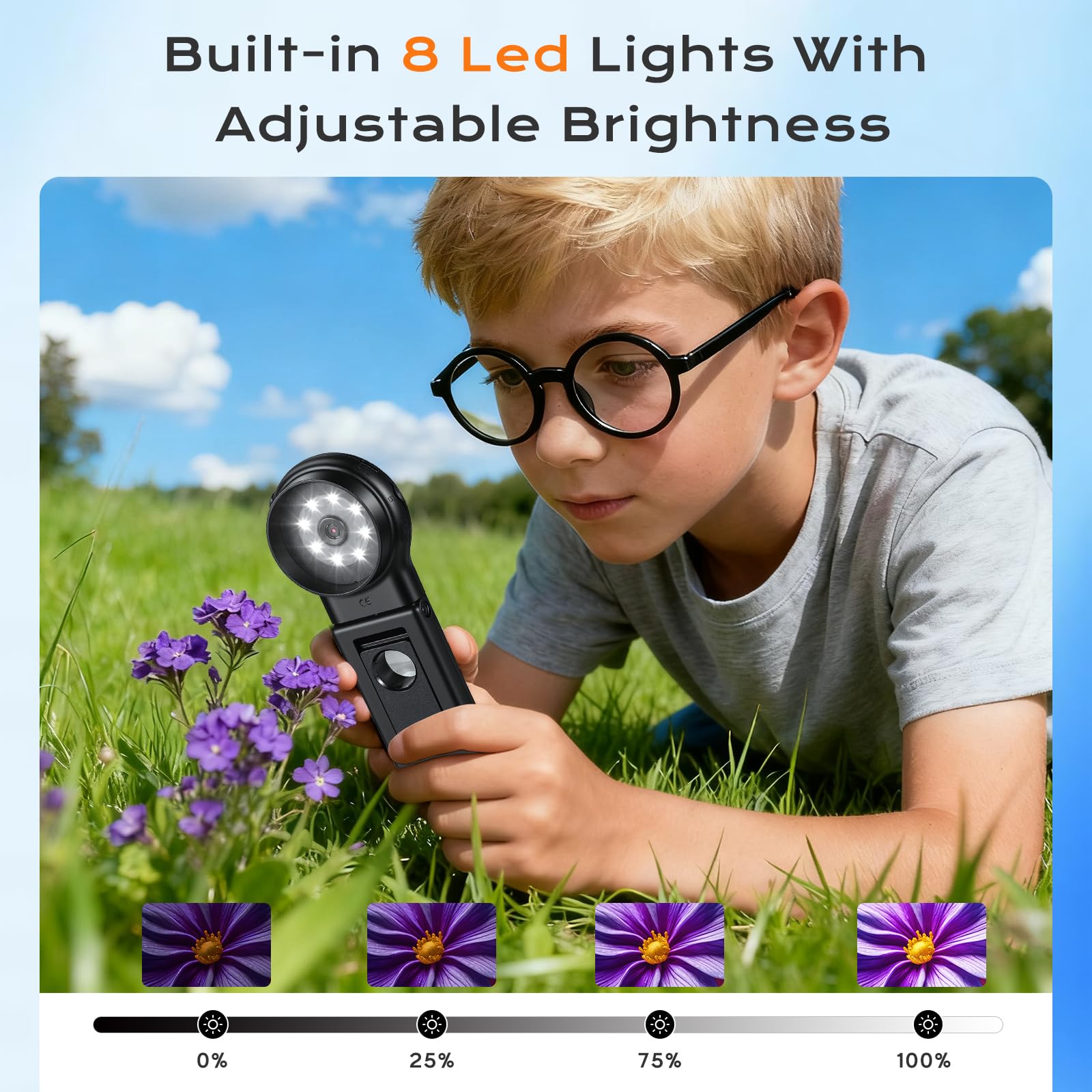 Microscopio de Mano 500X Cámaras de Microscopio Portátil con Pantalla IPS 2.0'' Recargable, Microscopios Digitales de Bolsillo con 8 Luces LED Ajustables y Lupa para Insectos Plantas Monedas Joyería
