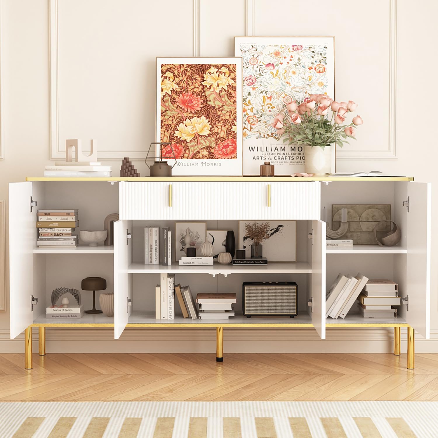 Caldion Buffet de Salon Vintage avec 4 Portes et 1 Tiroir Commode à étagères réglables