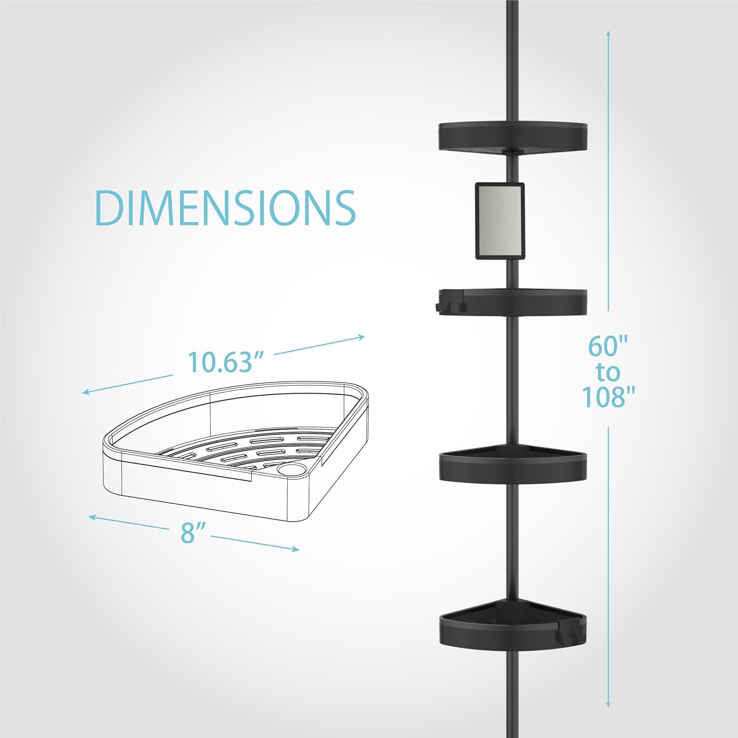 Close-up of the shower caddy showing the adjustable mirror, accessory hooks, and baskets with inverted bottle holders