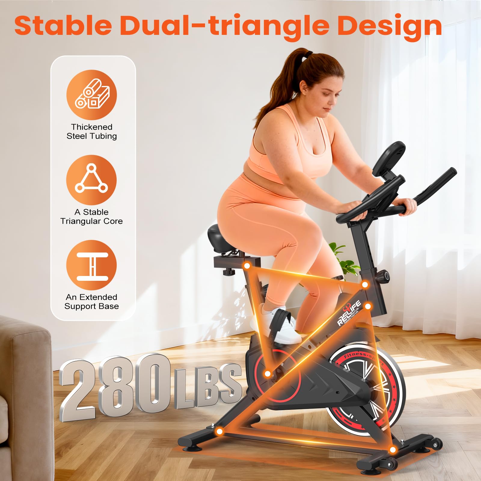 RELIFE REBUILD YOUR LIFE Exercise Bike Stationary for Home Indoor,Cycling Bike with Silent Belt Drive for Home Cardio,Brake Pad Resistance with djustable & Comfort Seat/PAD Holder/LCD Monitor.