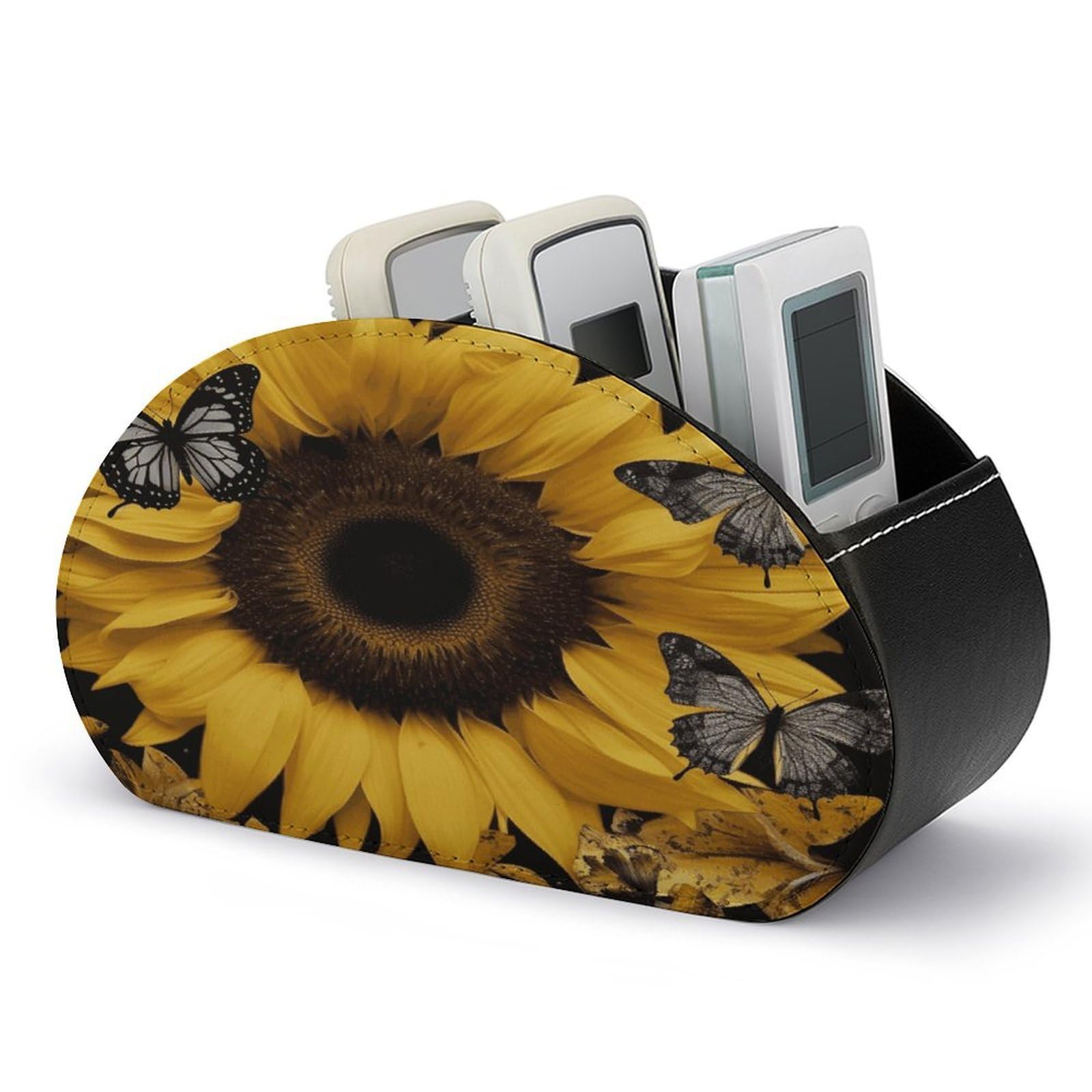 VstaDank Butterfly And Sunflower Remote Control Holder with 5 Compartments Pu Leather TV Remote Caddy Storage Box Desktop Organizer Store Controller DVD Brush Pens Glasses&Office Supplies