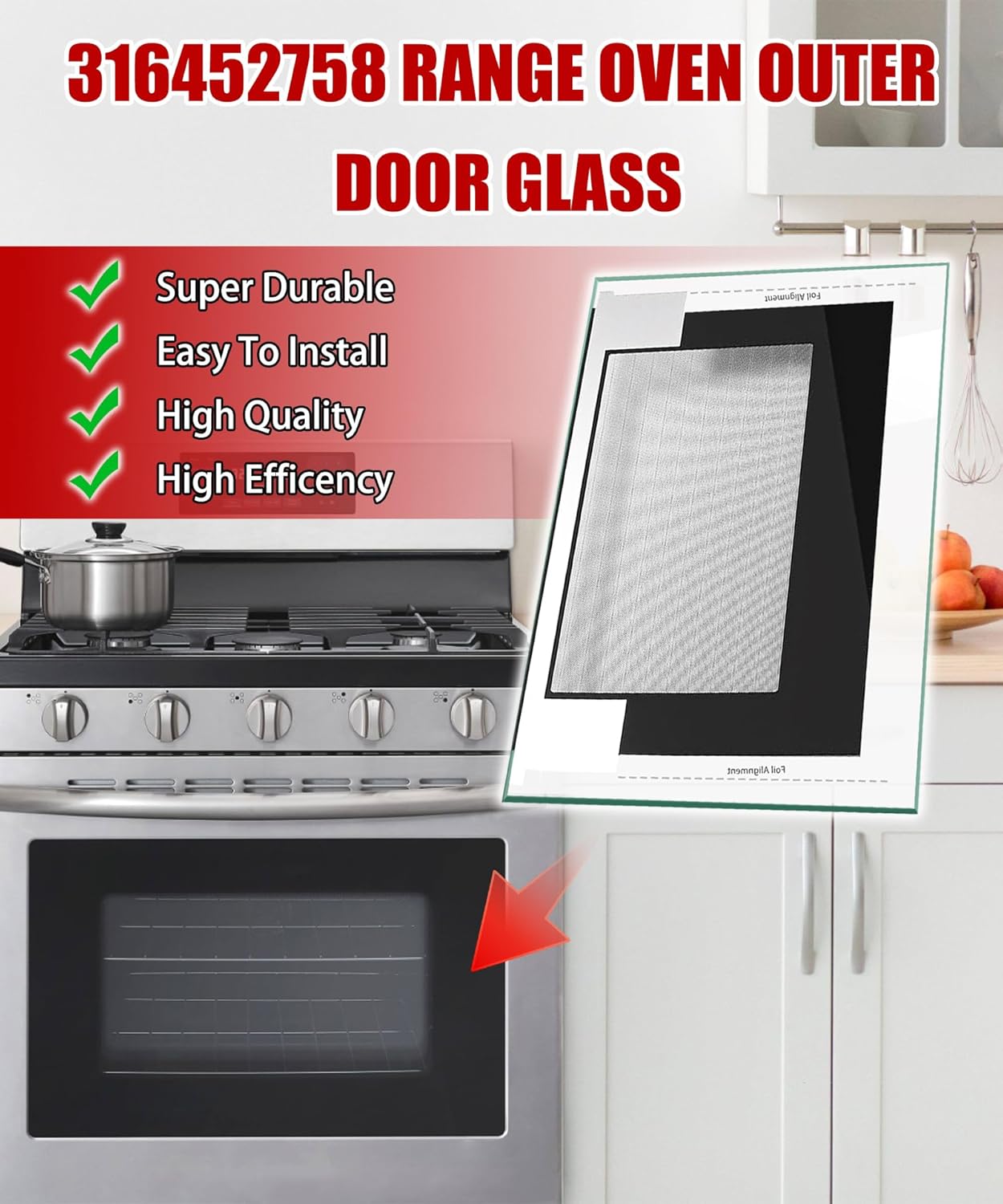 316452758 Range Oven Outer Door Glass Replacement for Frigidaire Crosley Kenmore Range Door Glass, Replaces # 316452719 4583012 AP6284729 PS12175974 EAP12175974 etc