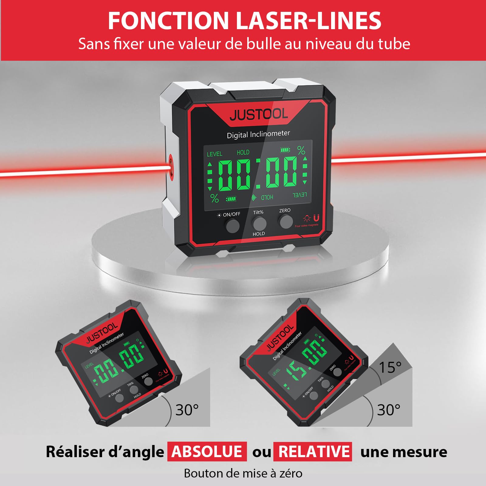 JUSTOOL 4 * 90° Inclinomètre Rapporteur LCD Numérique Inclinomètre Jauge D’angle Laser Niveau à Bulle IP54 Boîte de Niveau étanche Boîte de Nivellement Magnétique à 4 Côtés Boîte Biseautée | Inclinomètre numérique avec 4 aimants latéraux, écran LCD rétroé