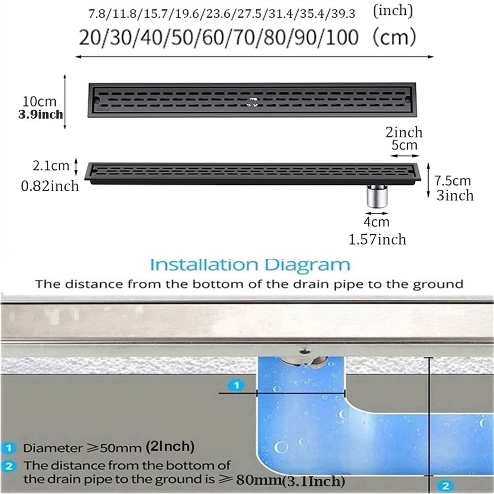 Odpływ liniowy prostokątny ze stali nierdzewnej 304 | Czarny 20-100 cm do podłogi prysznica: stal nierdzewna 304 z sitkiem do włosów(50cm/20'')