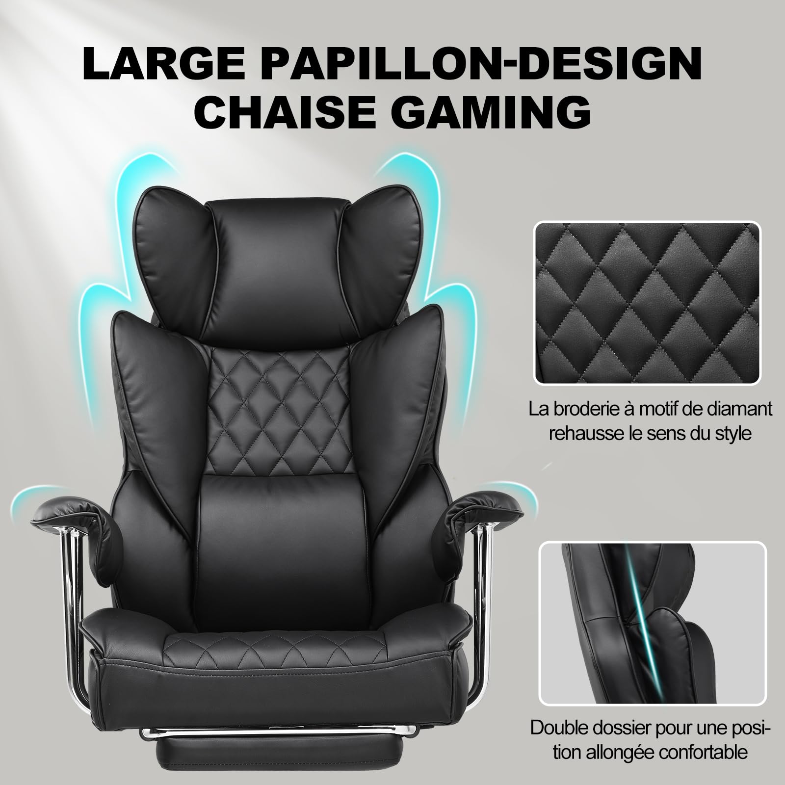 GTPLAYER Chaise Gaming, Bureau Soutien Lombaire Ressorts, siège Large accoudoirs Souple, Repose-Pieds, Hauteur réglable, Supporte 180 kg, Noir