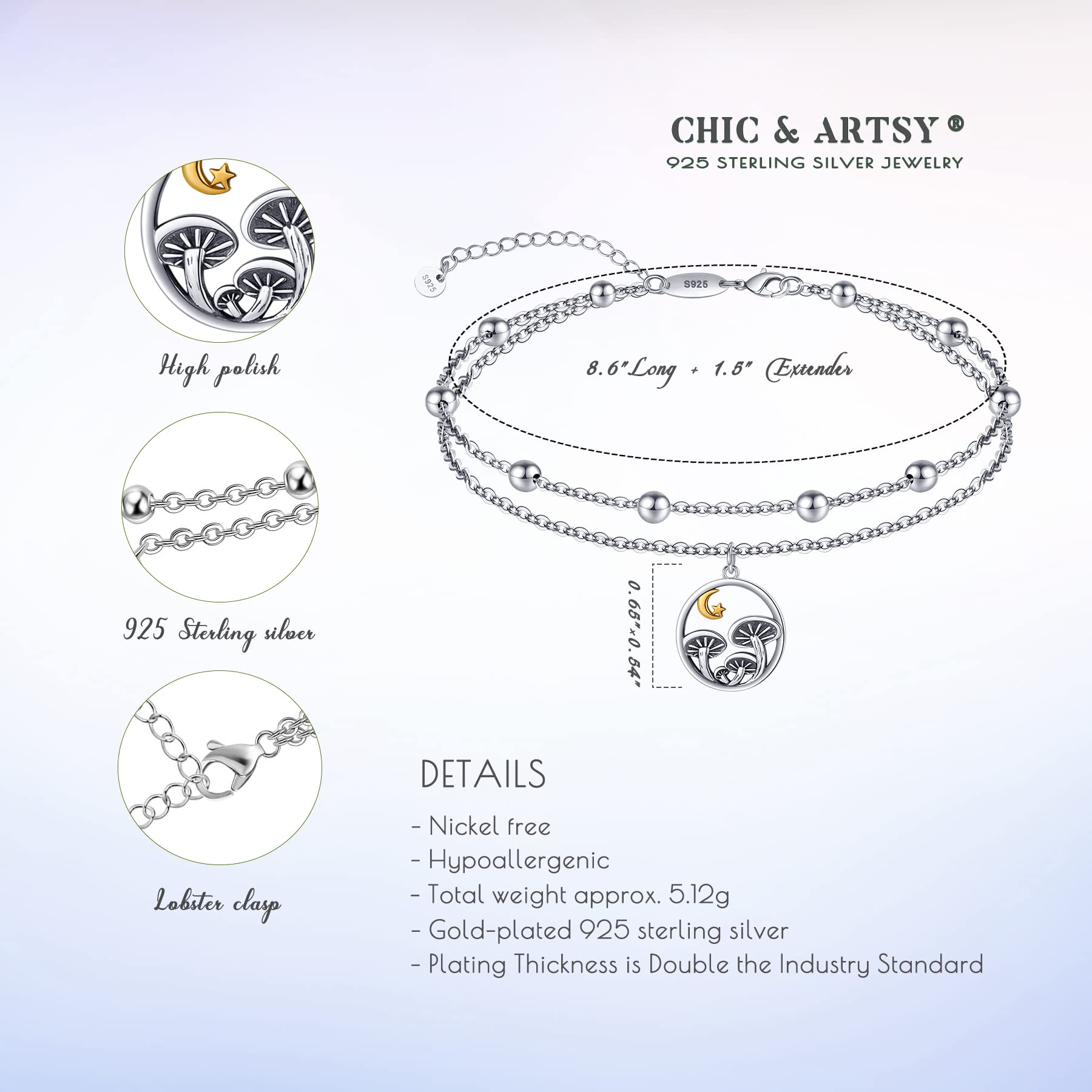 CHIC & ARTSY Dainty - Cavigliere da spiaggia in argento Sterling S925, con strati estivi, regolabile, multistrato, da 25,4 a 27,9 cm