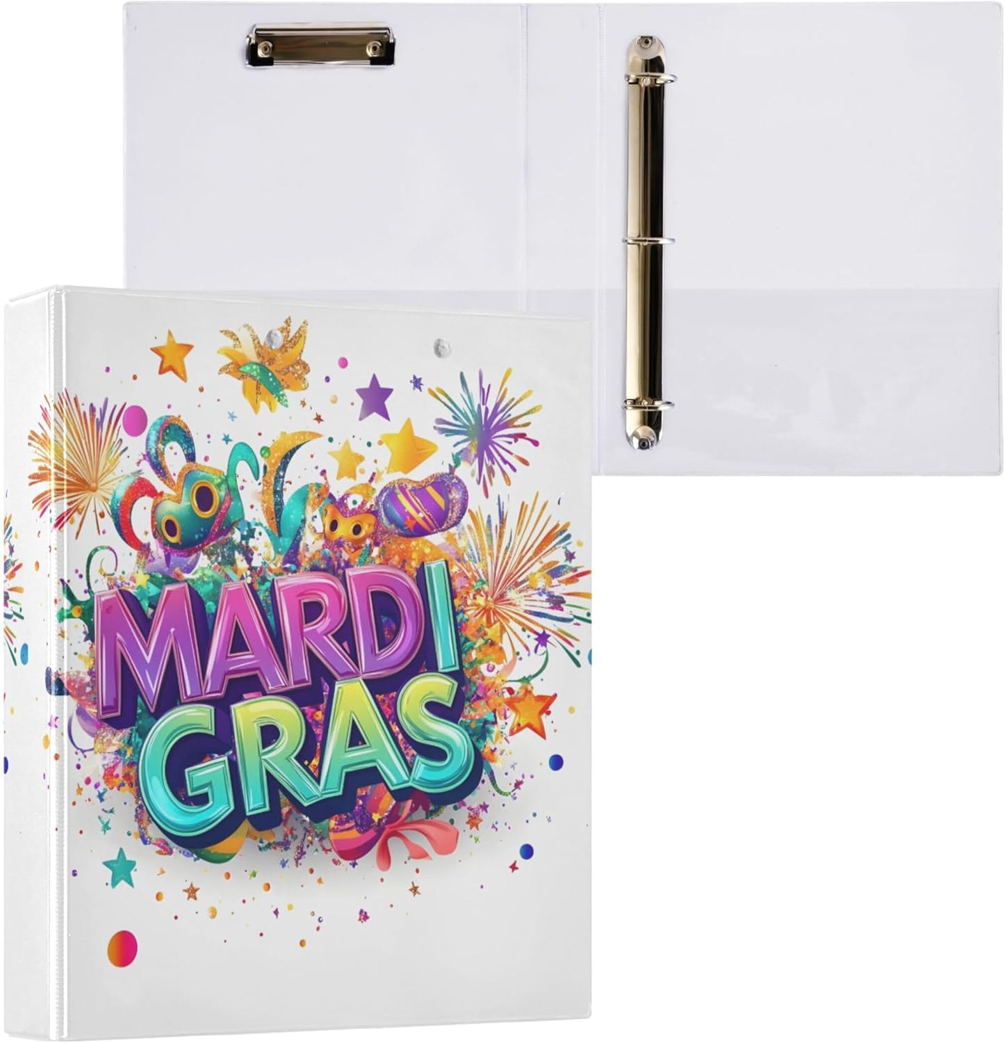 Mardi Gras Theme 3 Ring Binders, 1.5” Round Ring Binders with Clipboard - Letter Size, 3 Interior PVC Clear Pockets & Anti-Slip Clip for Office School Supplies, 2PCS