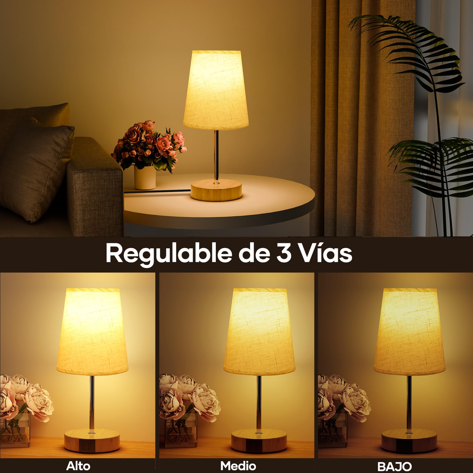 Suright Lámparas de Mesita de Noche Táctil con Puertos de Carga USB A+C, Lámpara de Noche Regulable con 3 Niveles de Brillo, Lámpara de Mesa Pequeña para Dormitorio Salón Oficina (Bombilla Incluida)