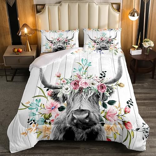 Juego de edredón de flores de vaca de las tierras altas, juego de ropa de cama de ganado toro, decoración occidental, divertido edredón de animales