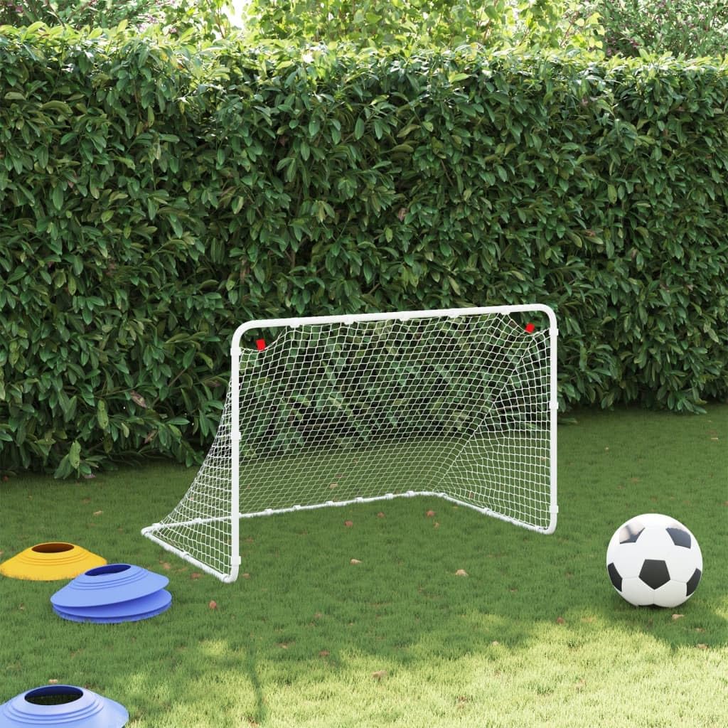 Porta da calcio bianca, 122 x 81 x 81 cm, in acciaio | Robusto telaio in acciaio, rete in poliestere resistente, facile da montare, 4 picchetti a forma di J