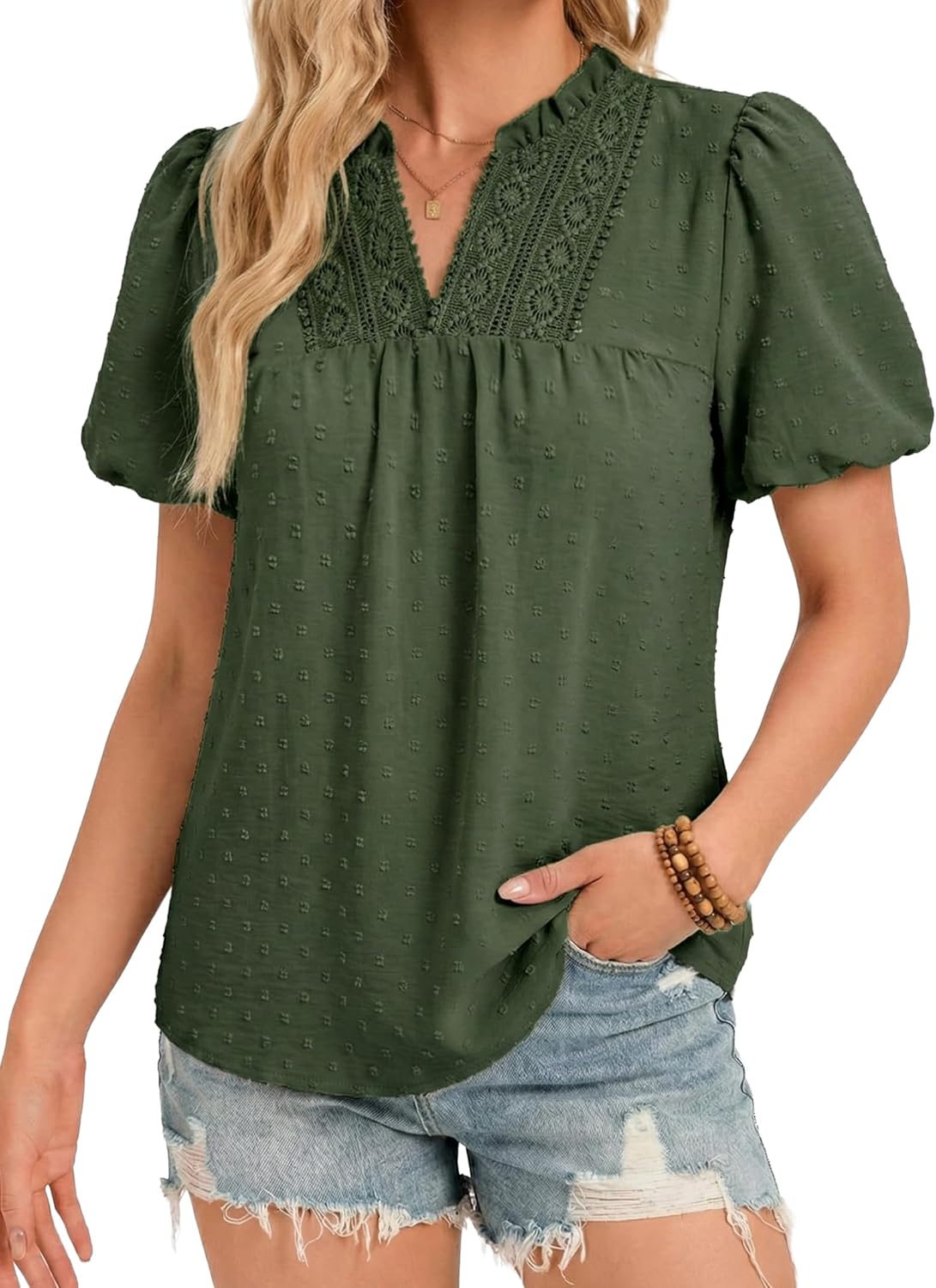 Funlingo Womens Boho Tops Summer Short Puff Sleeve V Neck Blouses Dressy Casual Flowy Swiss Dot Lace Crochet Shirts