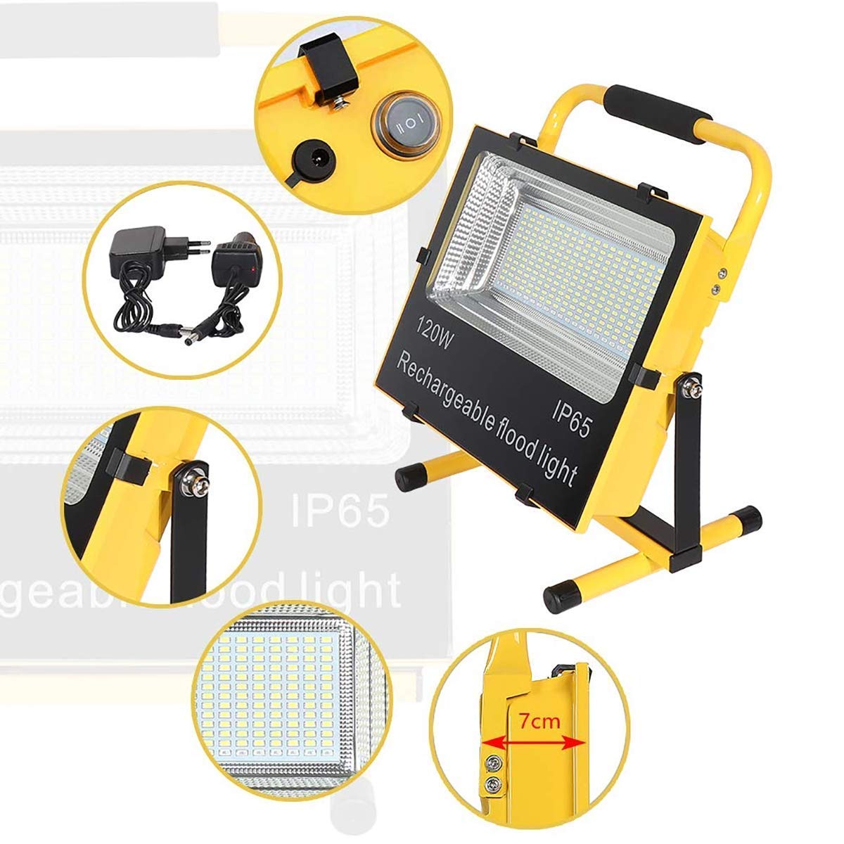Przenośna lampa robocza LED 120 W, bezprzewodowe reflektory akumulatorowe, wodoodporne zewnętrzne światła robocze IP65 ze stojakiem, wbudowana bateria 17600 mAh, reflektory punktowe do garażu