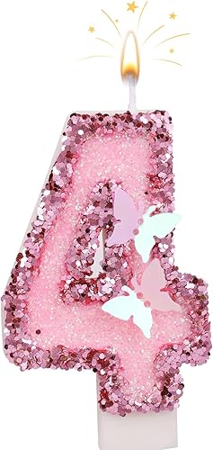 Miniatura 1 de Velas de números de cumpleaños de 2.7 pulgadas, velas de números rosas para decoración de pastel, velas de cumpleaños de mariposa con lentejuelas y
