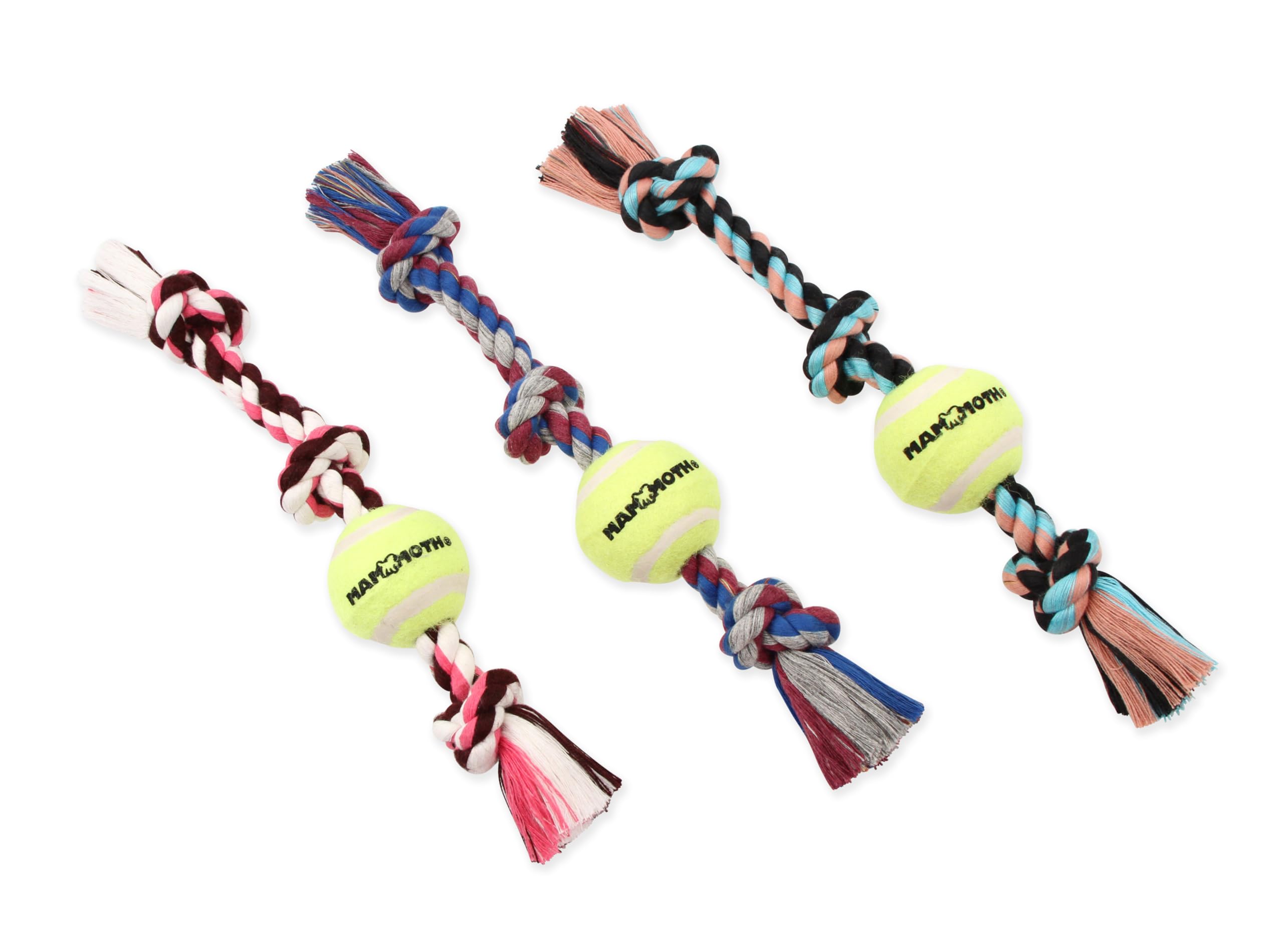 Mammoth Flossy Chews Color 3 Knoten Tug w/Standard Tennisball - Premium Baumwoll-Poly Zerrspielzeug für Hunde - Interaktiv - Seil Hundespielzeug für mittelgroße Hunde - 50,8 cm