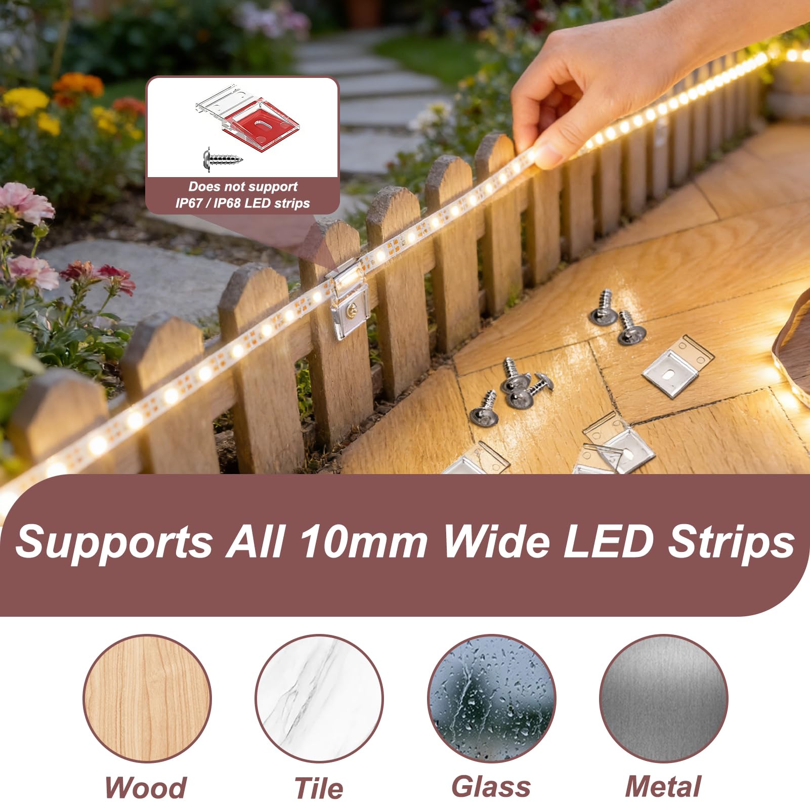50 pezzi clip di montaggio per strisce LED, supporto per strisce LED trasparente da 10 mm con adesivo e viti, clip di montaggio per strisce luminose impermeabili IP30/IP65, elementi fissaggio discreti