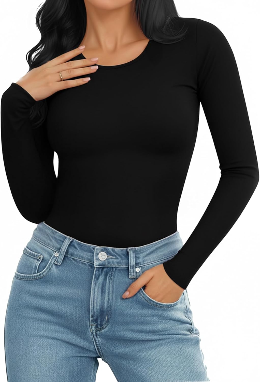 MANGOPOP Round Neck Long Sleeve Short Sleeve Bodysuits for Women Basic Body Suit Shirts Tops - Image 2
