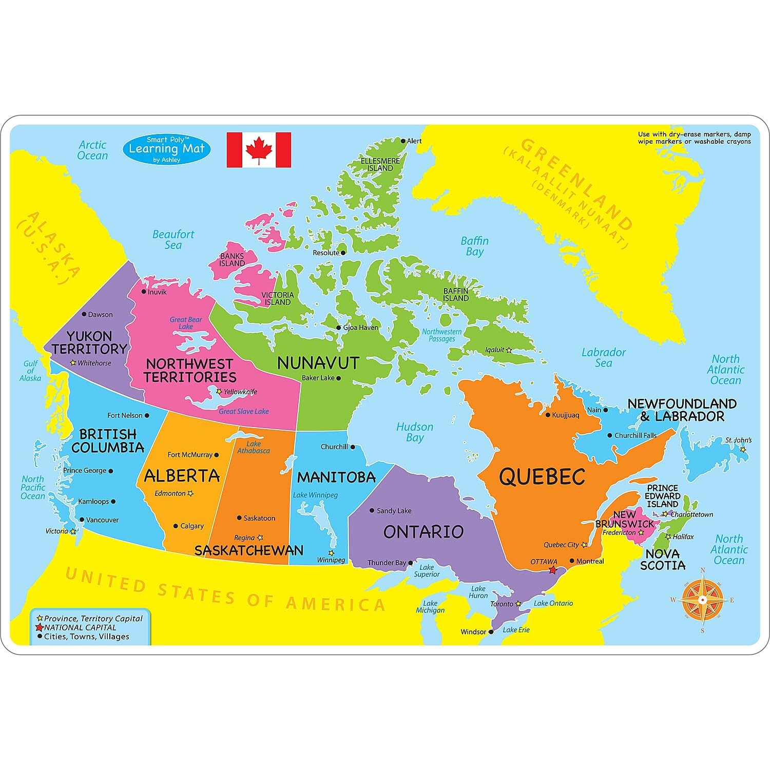 Ashley Productions ASH95004 Smart Poly(tm) Learning Mat, Canada Basic Map, Polypropylene (PP)/Paper, 12" x 17"