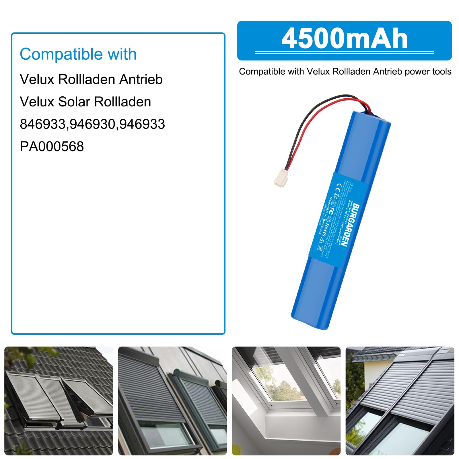 10,8V 4500mAh Ni-MH Batteries pour Velux Rollladen Antrieb 946933 | SSL Solar Rollladen, SSL Solar Rollladen Motor mit Stecker Remplace 846933, 946930, 946933