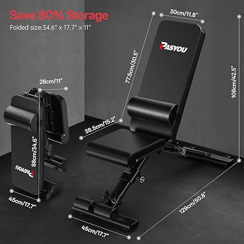 Miniatura 7 de PASYOU Adjustable Foldable Weight Bench for Home Gym with 660LBS, Workout Bench for Incline Decline Flat Bench Press, Full Body Strength Training,
