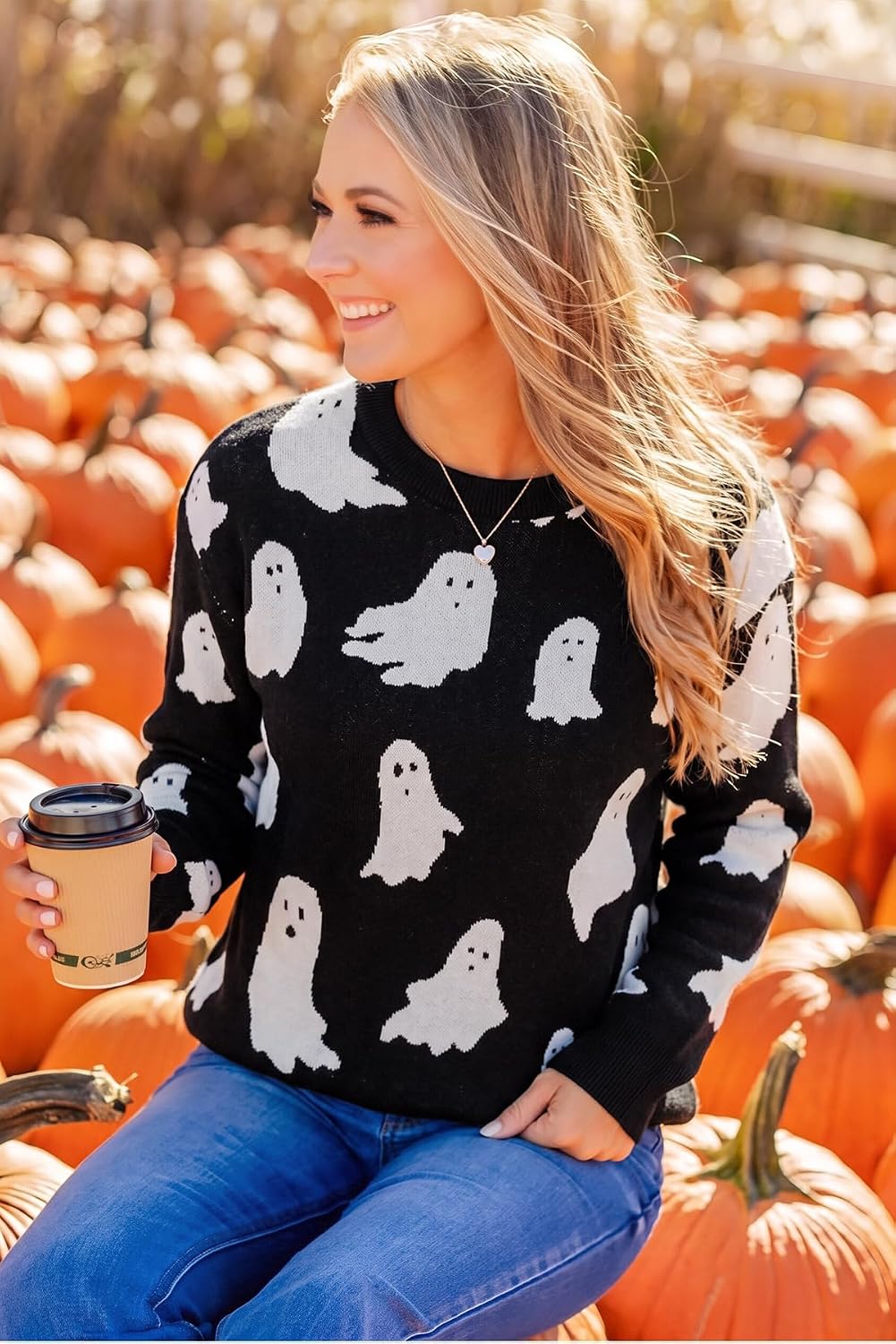 ASTANFY Halloween Sweaters for Women Ghost Graphic Sweaters Holiday