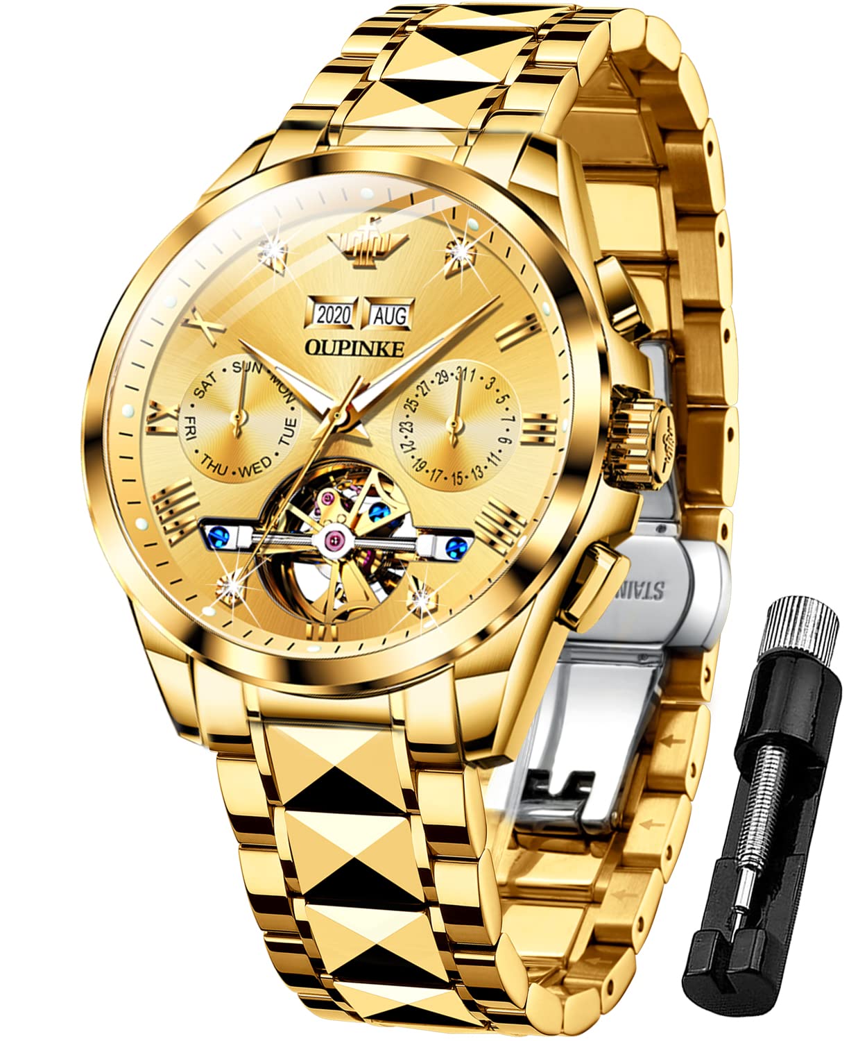 OUPINKE Herrenuhr Automatik Mechanische Armbanduhr mit Mondphase Wasserdicht Luminous Tag Datum Zweifarbige Edelstahlarmband