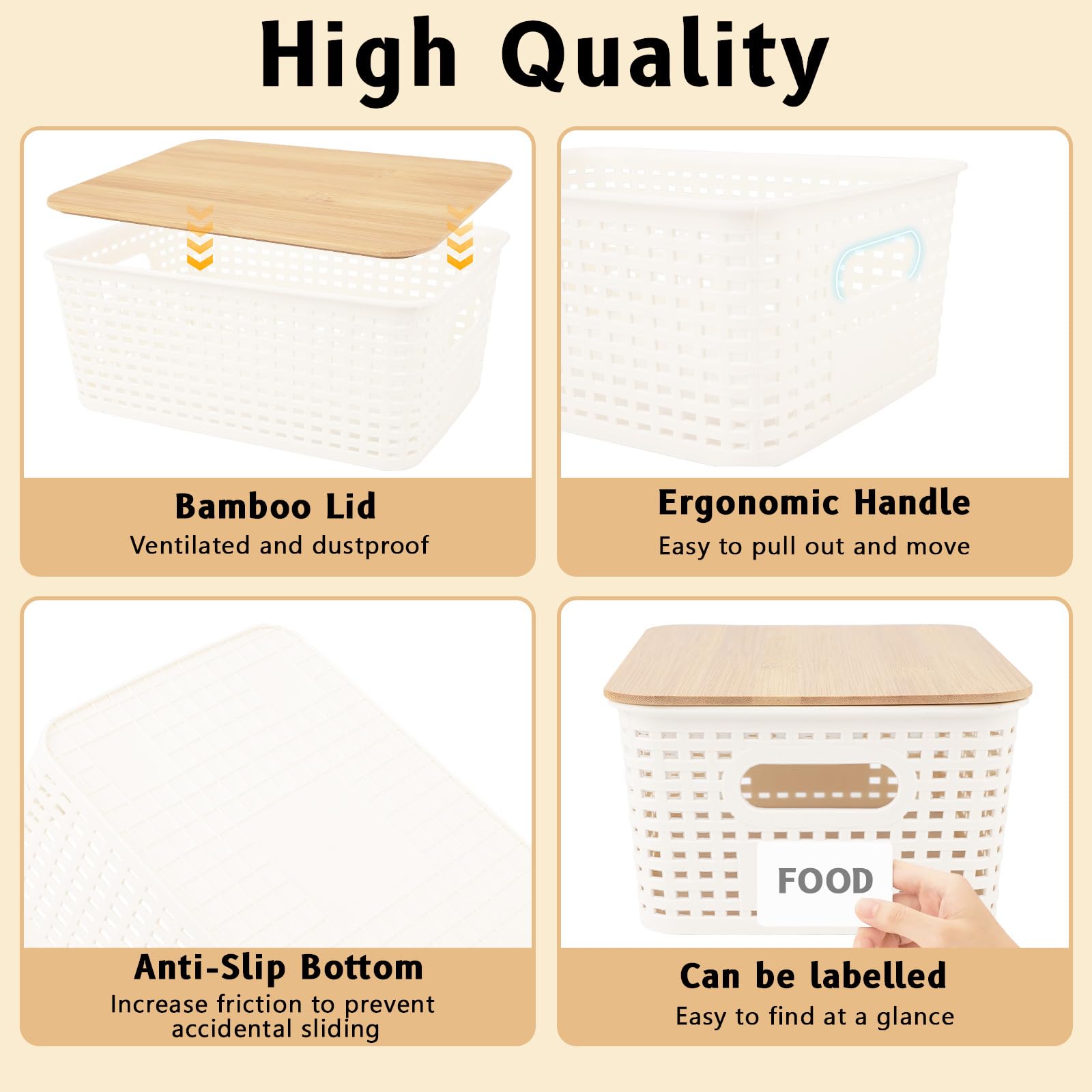 GAESHOW Juego de 6 cestas de almacenamiento de plástico con tapa de bambú, cajas de almacenamiento con asas, apilables para ahorrar espacio, color blanco, para baño, cocina, oficina y armarios
