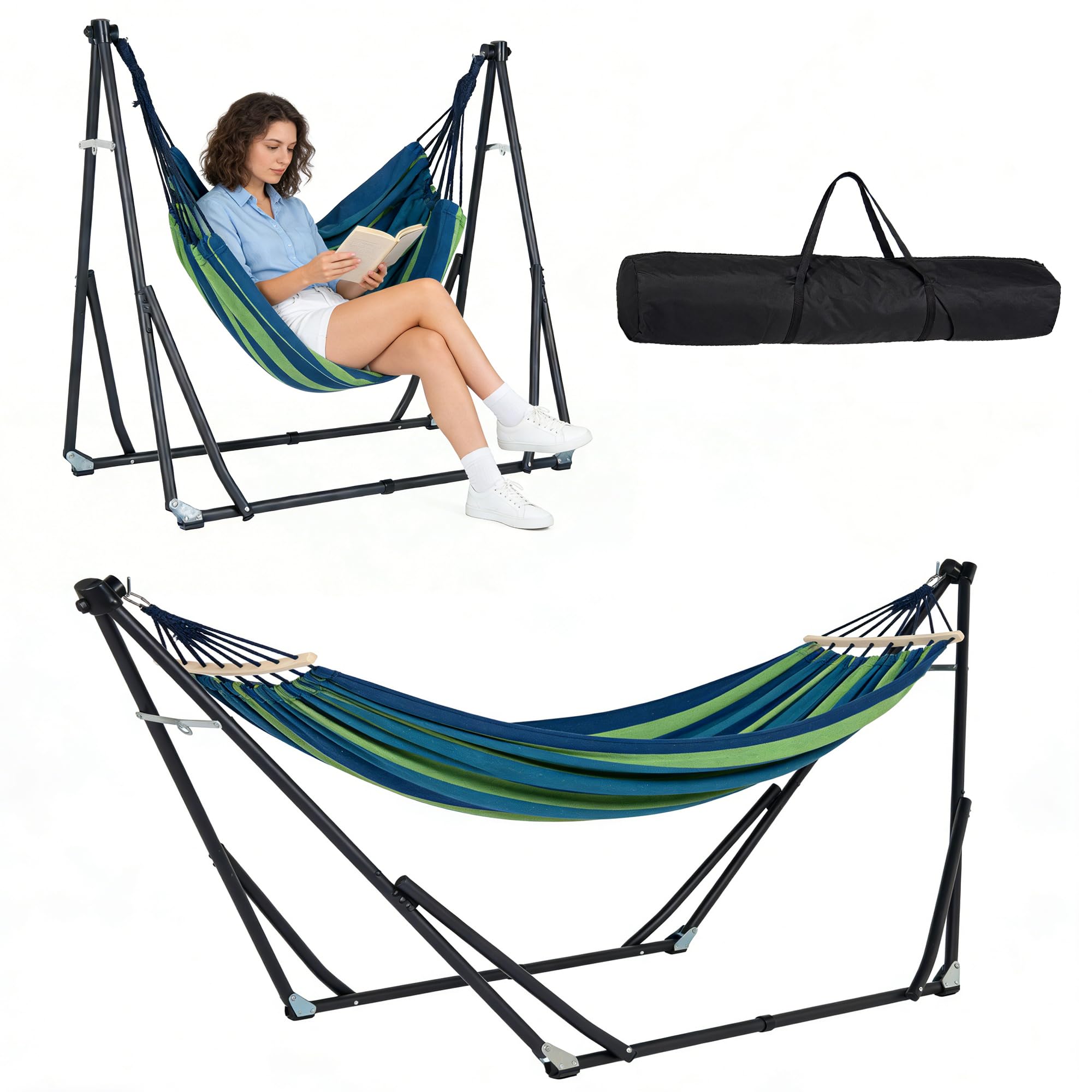 AuraCraft Hängematte mit Gestell & extra Hängesessel, 2-in-1 klappbares Set bis 200kg, verstellbare Canvas Hängematte mit Aufbewahrungstasche für Garten Balkon Terrasse Camping