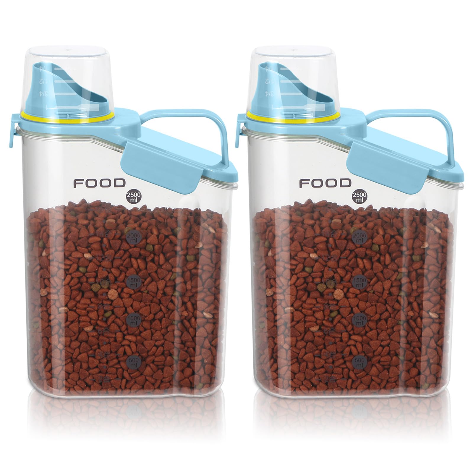 2Pack Cat Dog Food Storage Container Upgraded Large Nozzle BPA-free, 3-5 LBS Plastic Pet Food Storage Containers, With 4 Sealed Clasps, 1 Measuring Cup and Handle (Sunshine Blue)