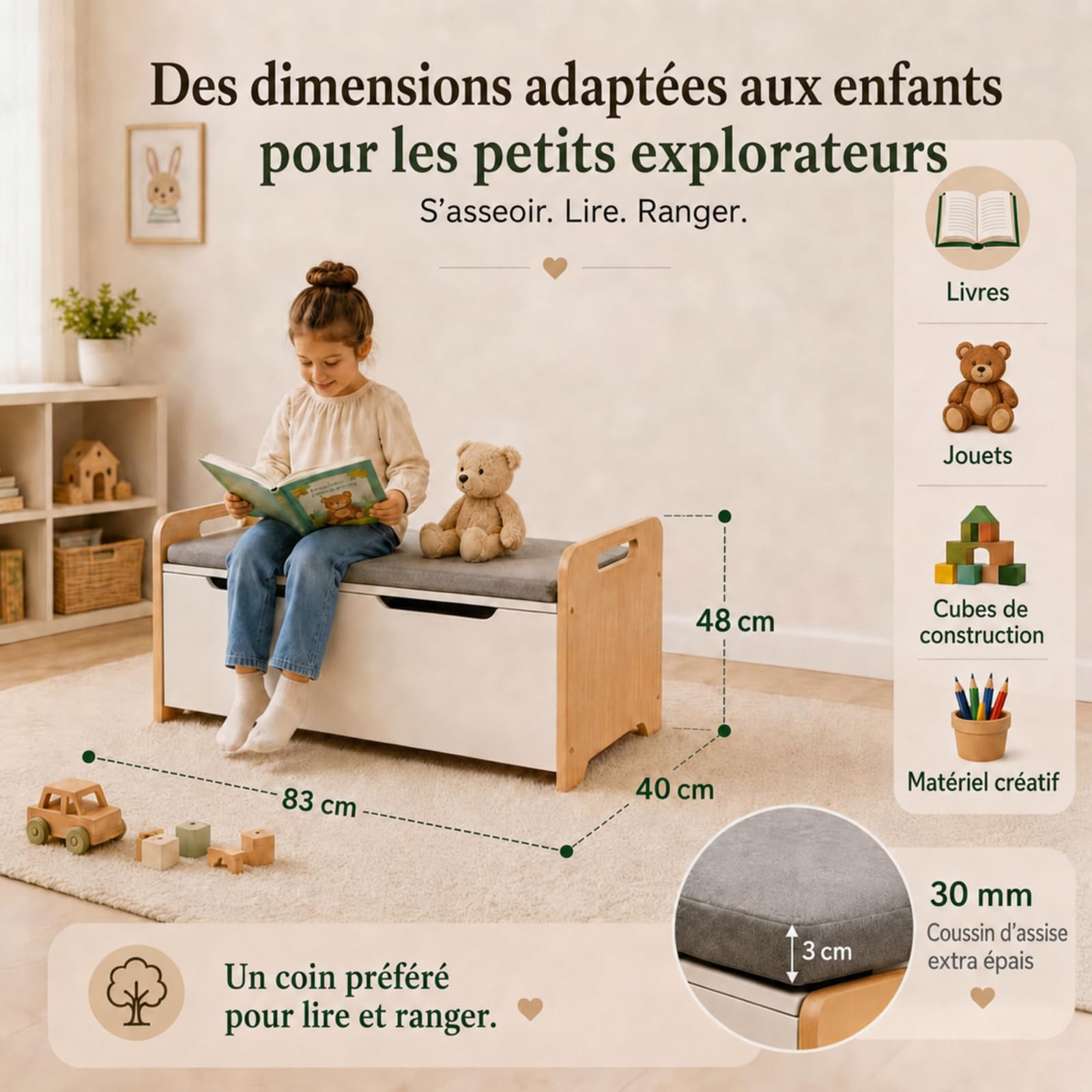 ALVIX Coffre à jouets pour enfant avec espace de rangement