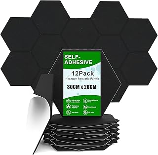 LATERN 12Pcs Self-Adhesive Acoustic Panels, 30CM x 26CM Hexagon Sound Proof Panels High Density Sound Absorption Panels Fireproof Flame Resistant Panels for Recording Studio Home Offices (Black)