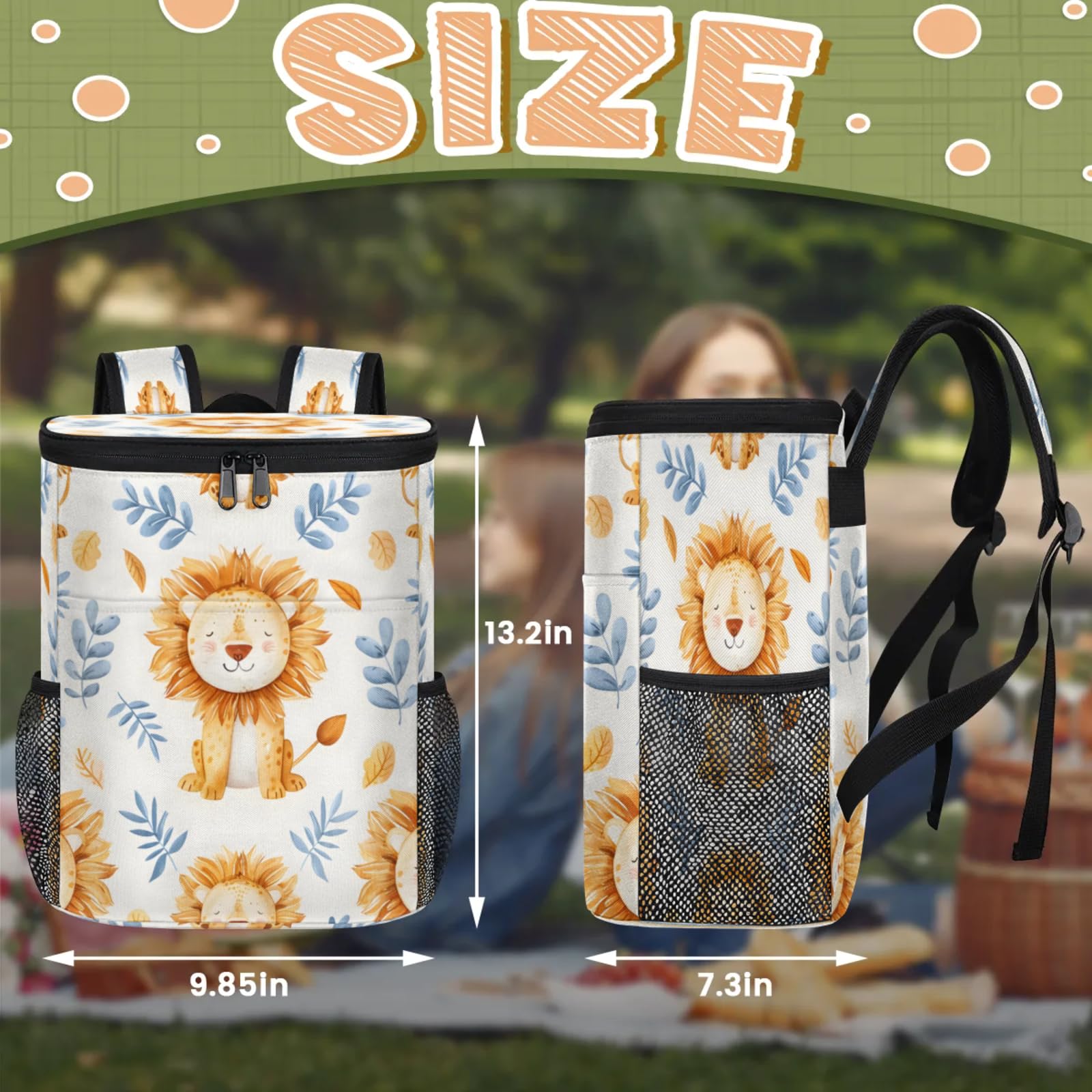 CNNINGYI Camping Cooler Backpack 30 Cans, Soft Leaves Wildlife Lion Backpack Coolers Insulated Leak Proof Travel Cooler Bag, Waterproof Lunch Picnic Work Bag, Animal Lion