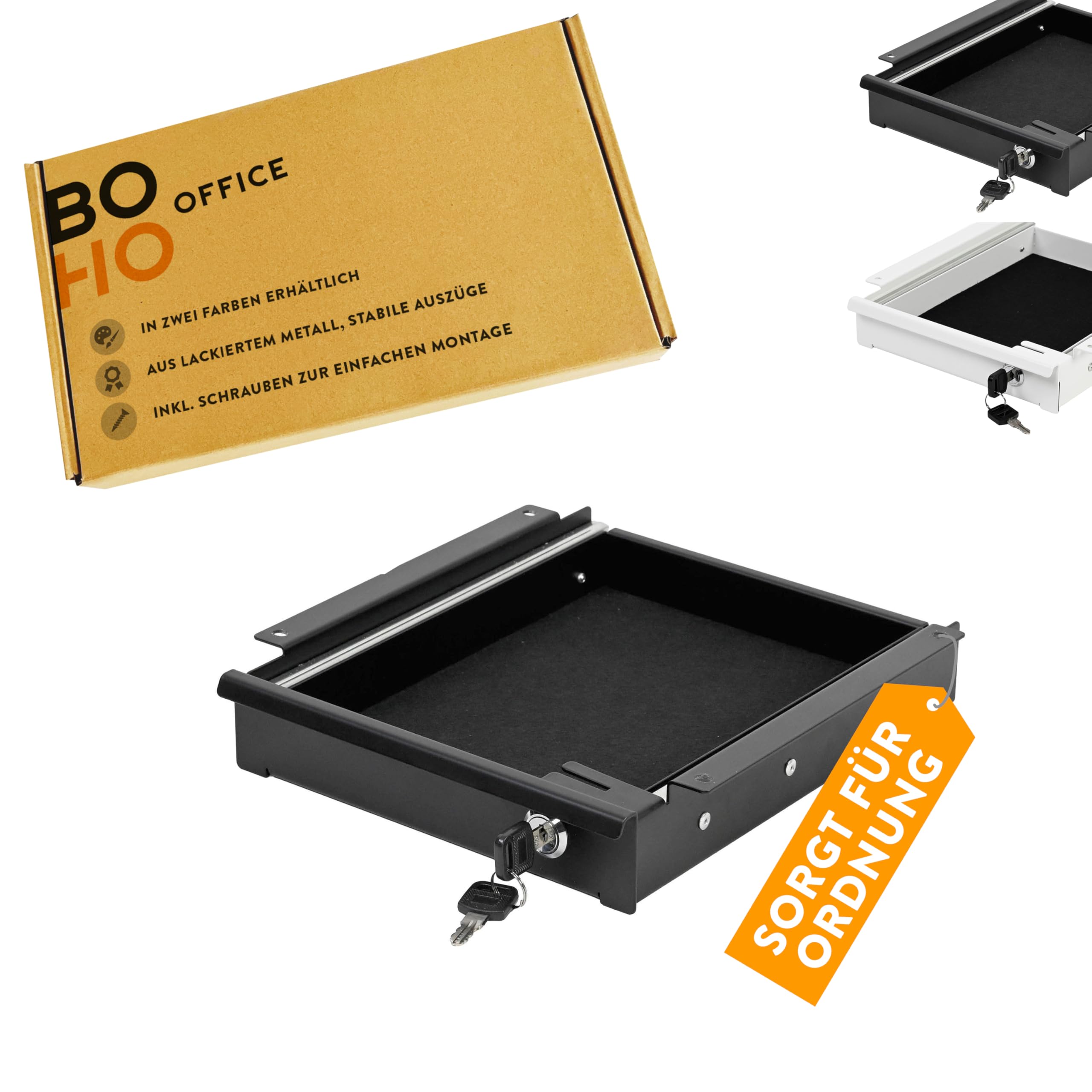 boho office® Schreibtisch Schublade schwarz – abschließbar mit Schloss, inkl. Organizer & Filz, Untertisch-Schublade für Büro & Home-Office, Breite 24,8 cm