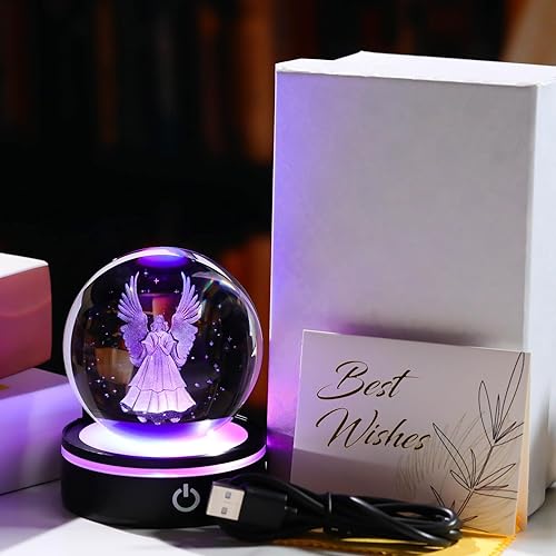 Miniatura 6 de YWHL Figura de bola de ángel guardián de cristal 3D de 3.14 pulgadas con base de luz colorida, regalo de ángel de cristal grabado con láser
