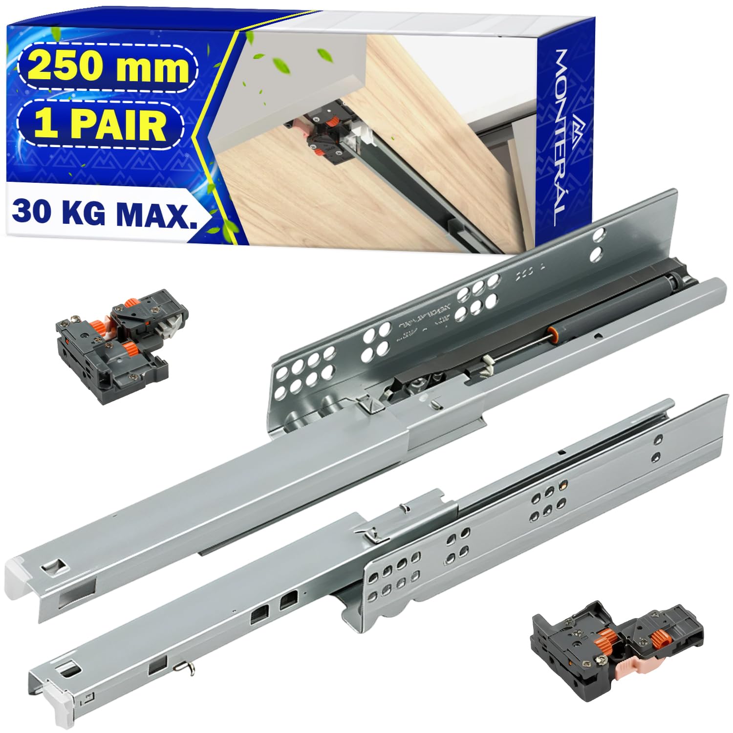 Coulisse tiroir soft-close MONTERAL 250mm, extension de 224mm pour fermeture silencieuse