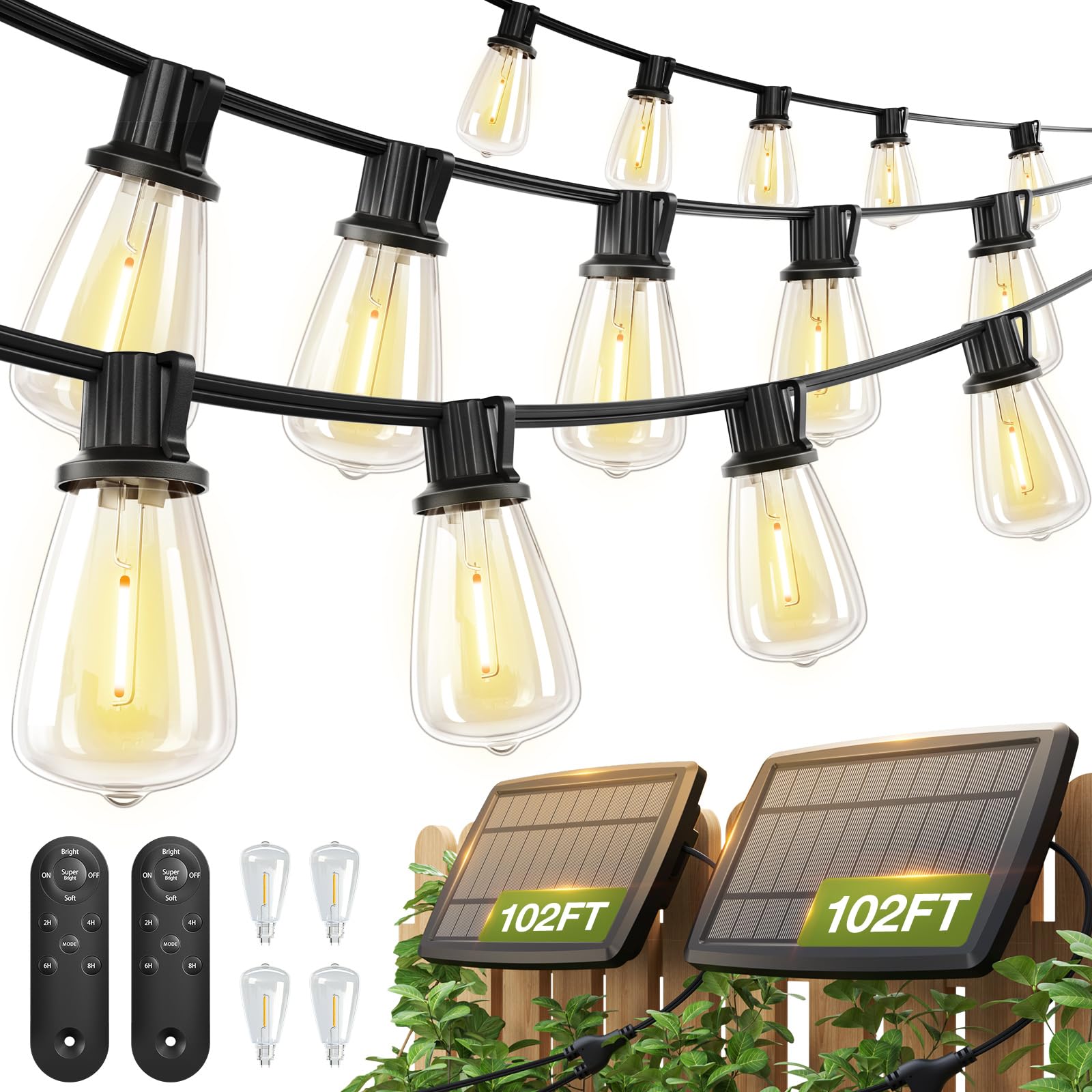 addlon 2 Pack*102FT(96+6) Solar String Lights Waterproof, Patio Lights Solar Powered with Remote & USB Port, 3 Lighting Modes 60+4 LED Shatterproof
