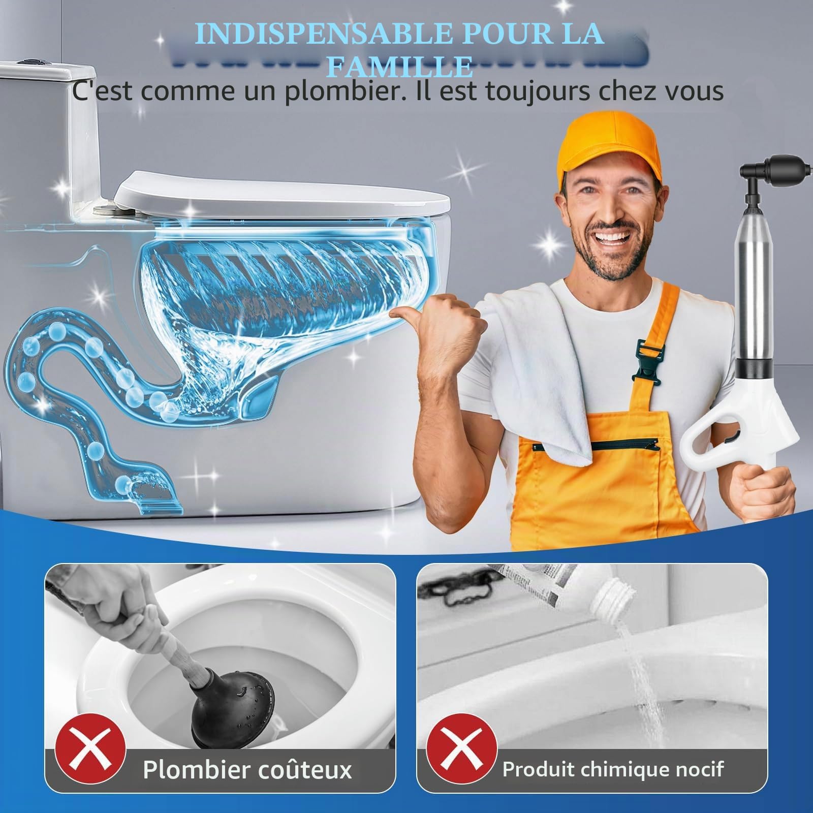 Deboucheur WC, 4-en-1 à Air Comprimé Ventouse Haute Pression Piston Puissant, Toilette/Évier/Baignoire, Anti-Bouchons Cheveux/Papier, avec 3 Têtes Remplaçables + Baromètre + Gonfleur
