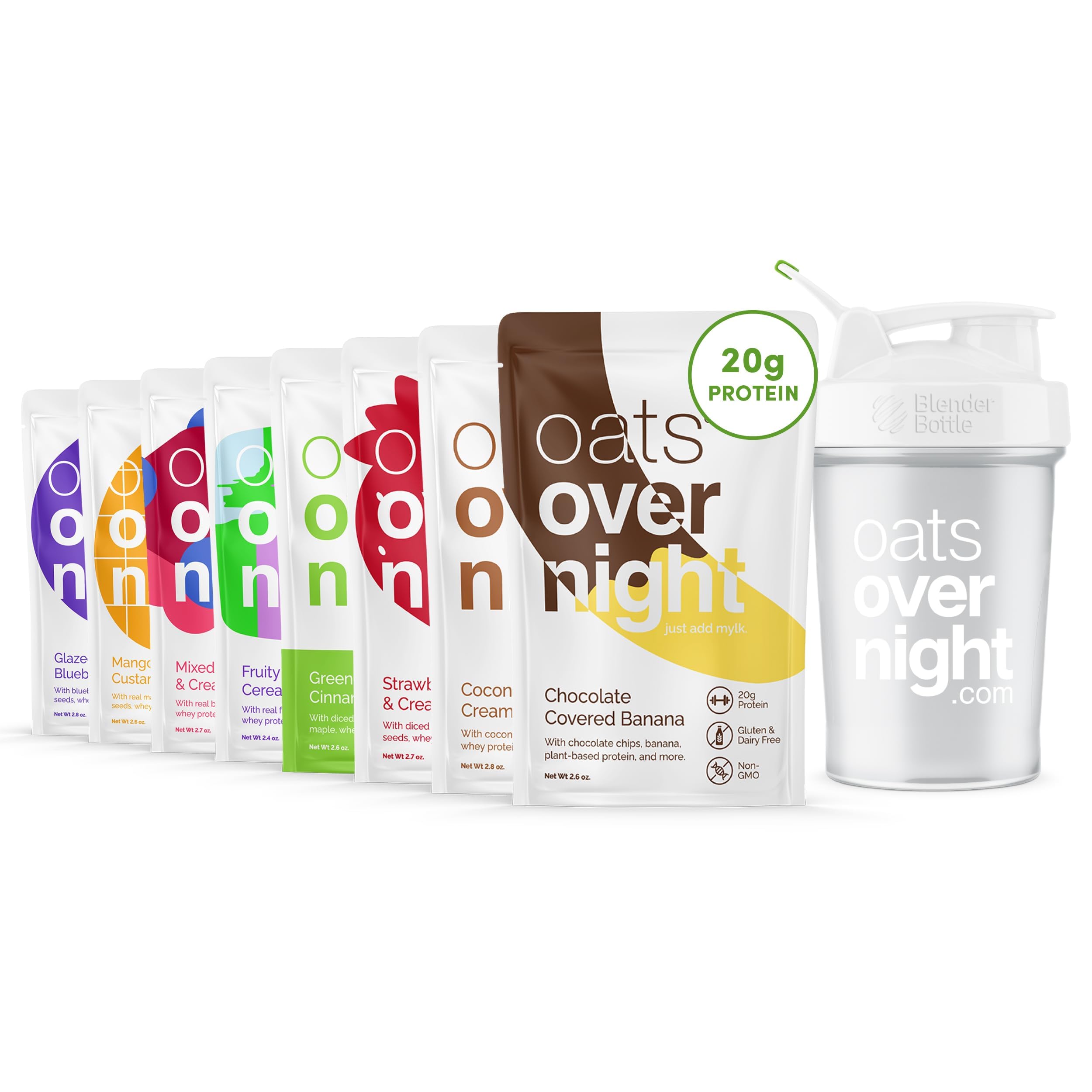 Oats OvernightFruit Variety Pack - High Protein, High Fiber Breakfast Protein Shake - Gluten Free, Non GMO, Protein Oatmeal - Fruity Cereal, Chocolate Covered Banana & More (8 Pack + Shaker Bottle)