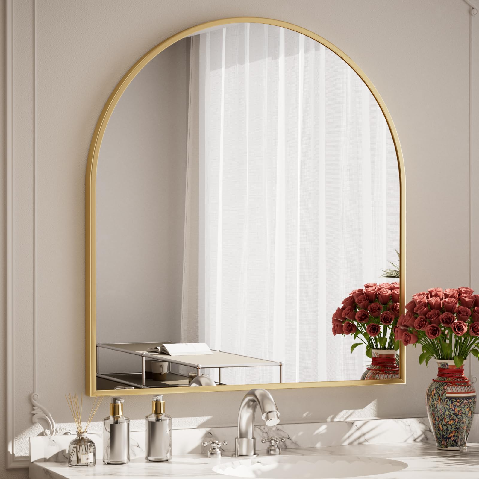 Koonmi Espejo de pared 81 x 86 cm con marco de aluminio, espejo decorativo de pared HD, espejo de maquillaje para baño, vestidor, salón, espejo irrompible, dorado