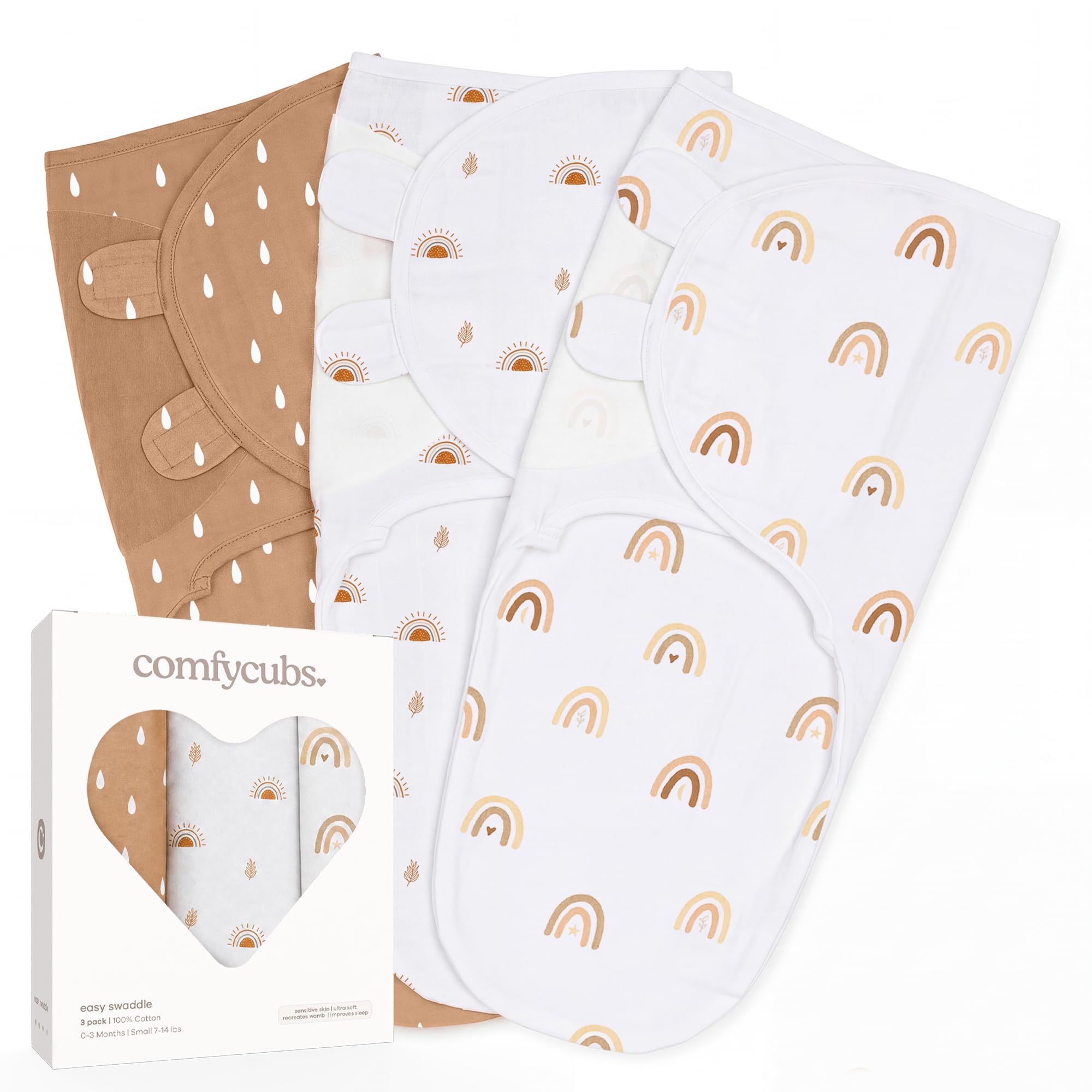 Comfy Cubs Easy Swaddle Blanket - Juego de 3 Mantas de 100% algodón, tamaño pequeño para bebés de 0 a 3 Meses, con Velcro Ajustable, Saco de Dormir Transpirable y Duradero, Regalos para bebés recién