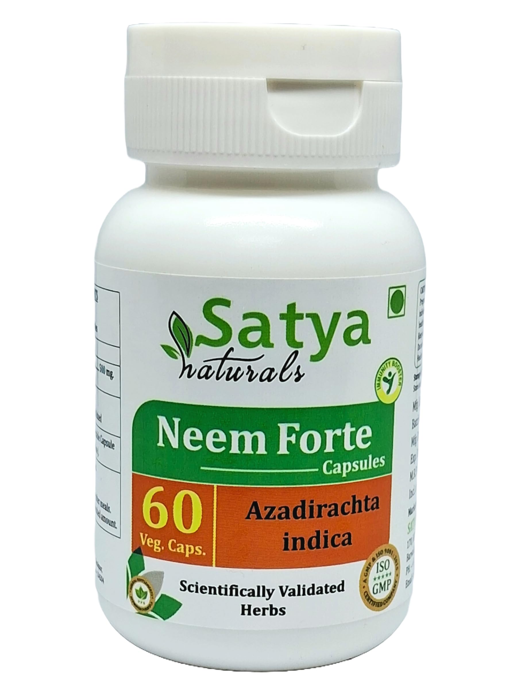 Azadirachta Indica (Neem, Nimba) Extract Capsules | Highest Potency, 100% Herbal Product | Pack of 60 X 500 mg. Veg. Capsules (Pack of 1 Bottle)