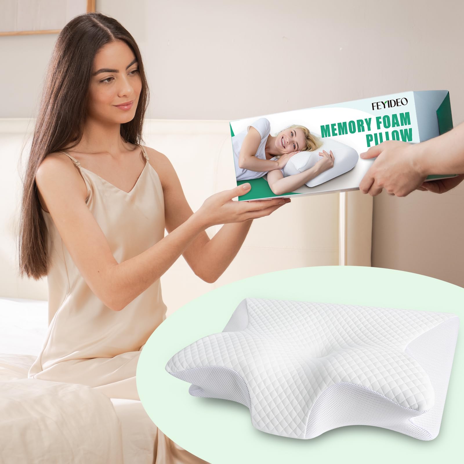 Nackenkissen 2 in 1 Memory Foam Kissen 60x40x12/14cm Weiß | Ergonomisches Nackenstützkissen für Rücken-, Seiten- und Bauchschläfer, Waschbarer und Abnehmbarer Kissenbezug