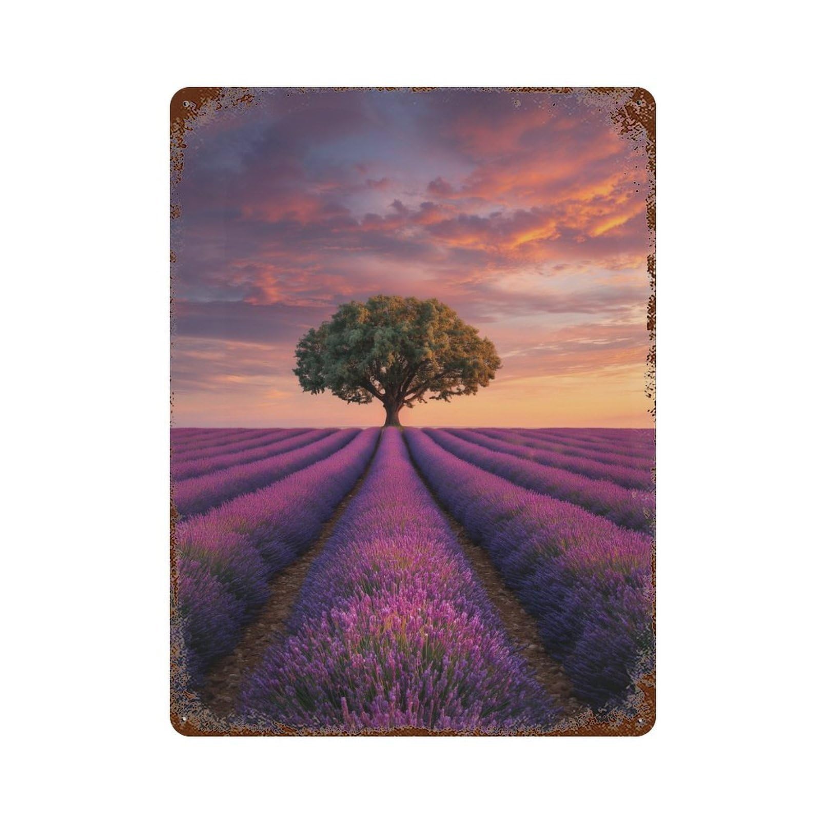 Lavender Field Sunset Tree Rust Effect Tin Sign 15.7"x11.8", Vintage Wall Decor for Pub, Kitchen And Man Cave Decor