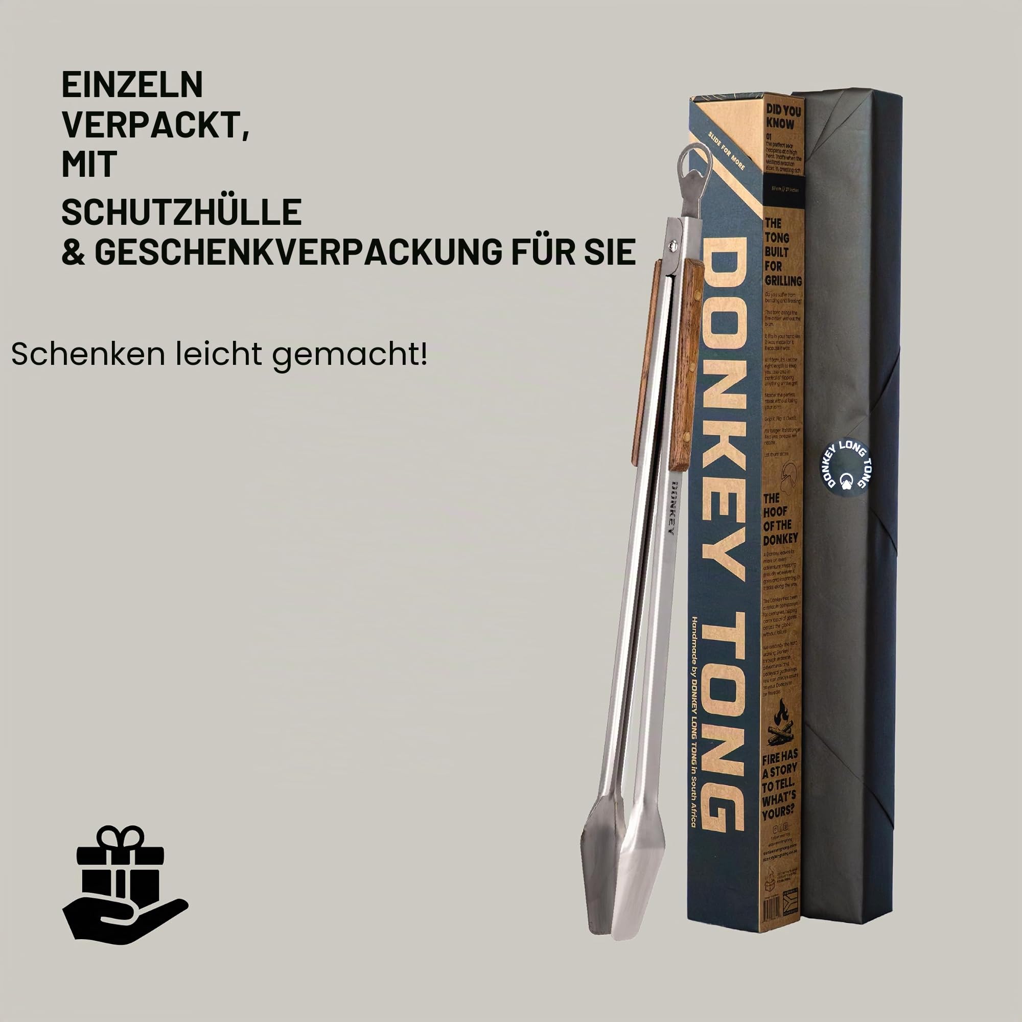 Donkey Tong 68,6 cm robuste Grillzange | Extra lange Grillzange mit Eichenholzgriff | Handgefertigte Fleischzange aus Edelstahl zum Grillen, Räuchern, Holzkohle & Lagerfeuer Kochen | Grillgeschenk für