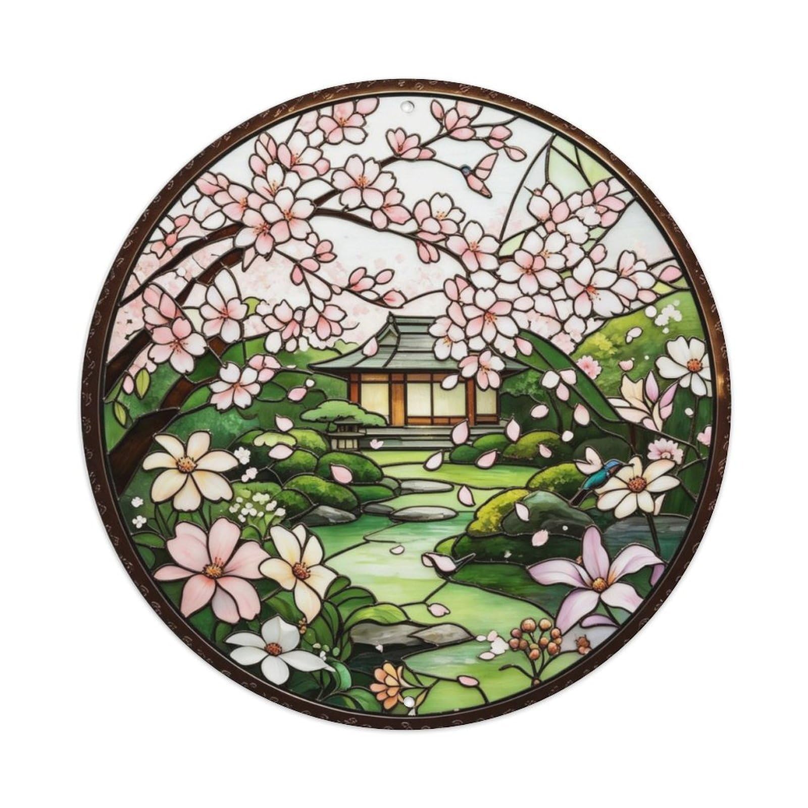 Japanese Cherry Blossom Stained Glass Metal Tin Sign Plaque