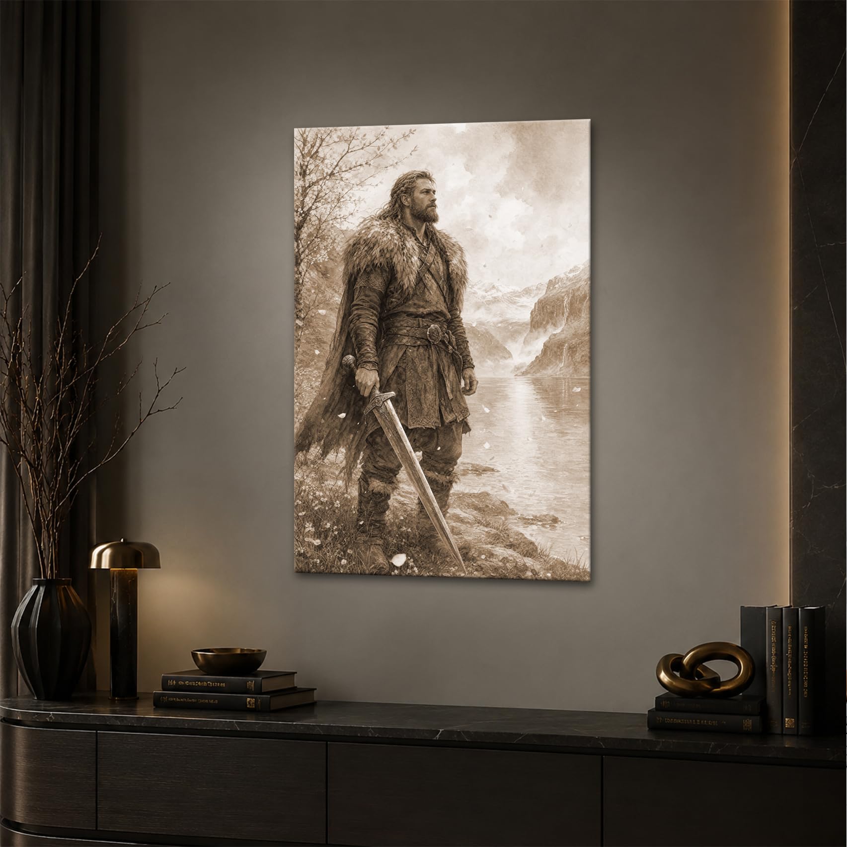 deyoli Obraz na płótnie Wikingowie z mieczem nad jeziorem przed górami 60 x 40 cm Sepia